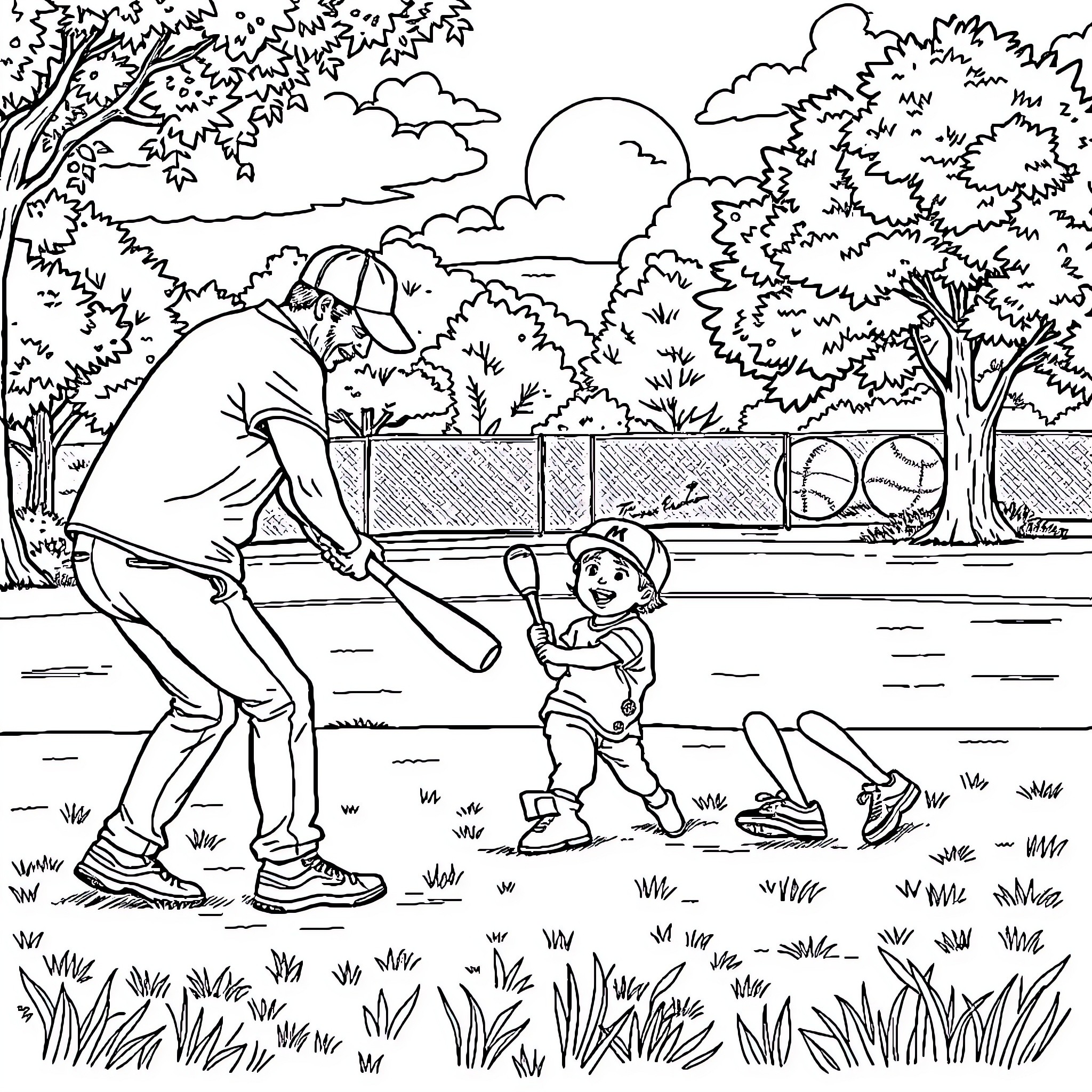Baseball game with a parent and child in the park Coloring Page (free black-and-white line drawing printable PDF for all, from beginners to advanced learners, including children, teens, adults, and seniors)