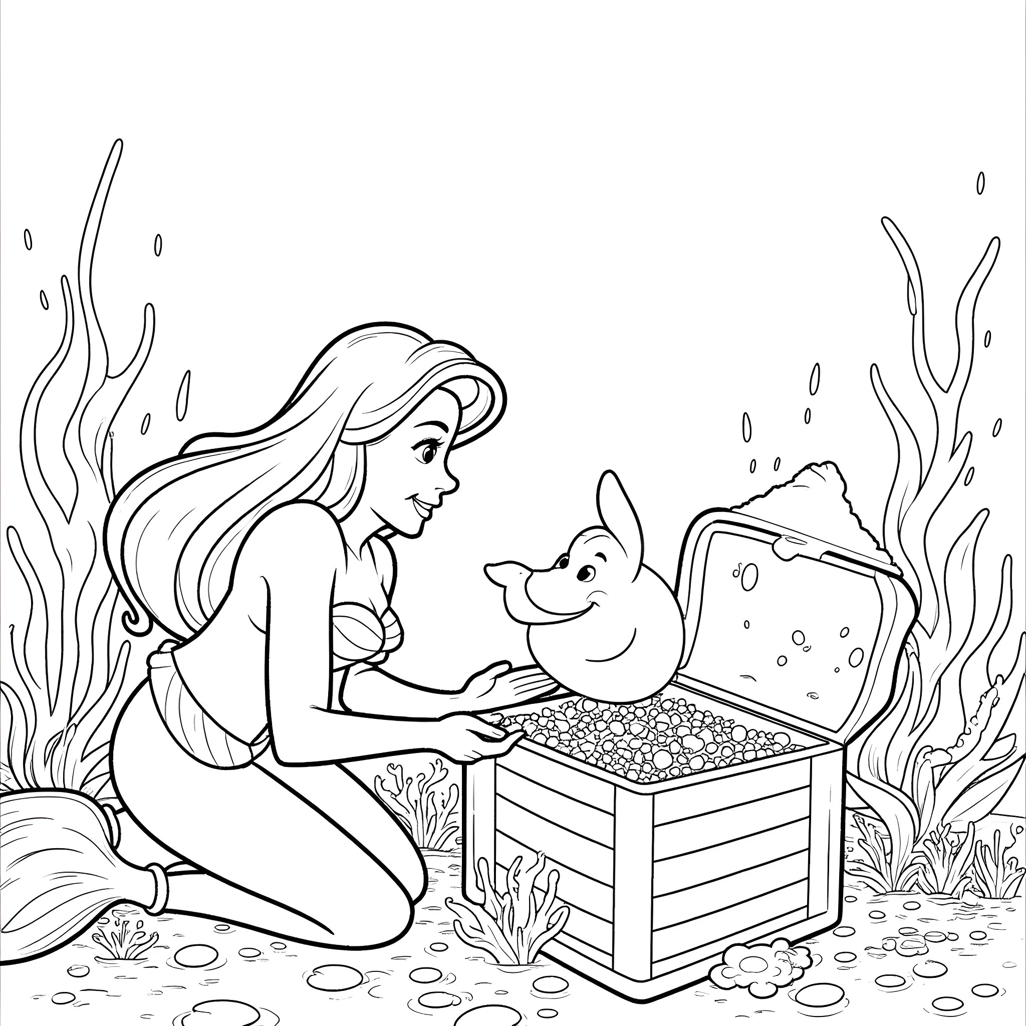 Ariel exploring the underwater treasures with her friend Coloring Page (free black-and-white line drawing printable PDF for all, from beginners to advanced learners, including children, teens, adults, and seniors)