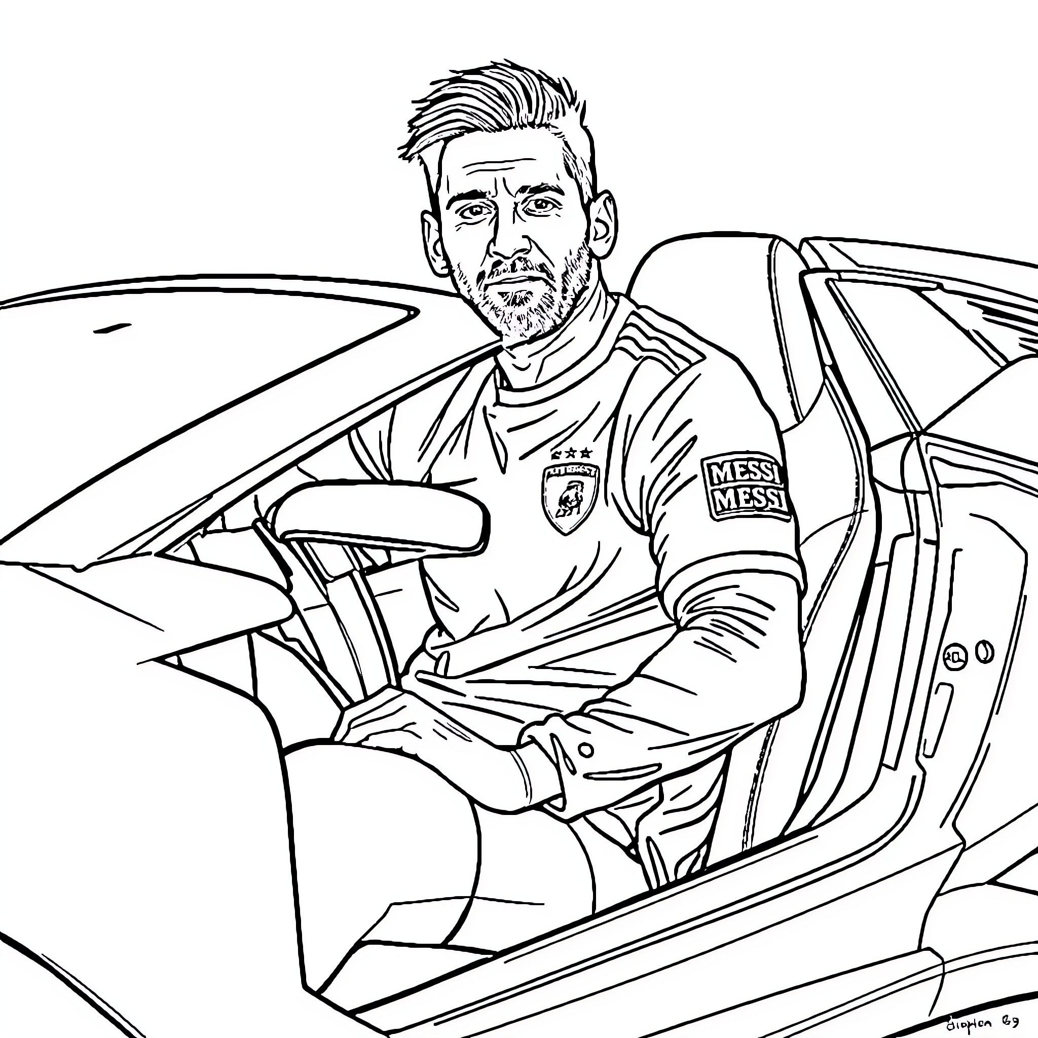 Messi in race car action scene Coloring Page (free black-and-white line drawing printable PDF for all, from beginners to advanced learners, including children, teens, adults, and seniors)