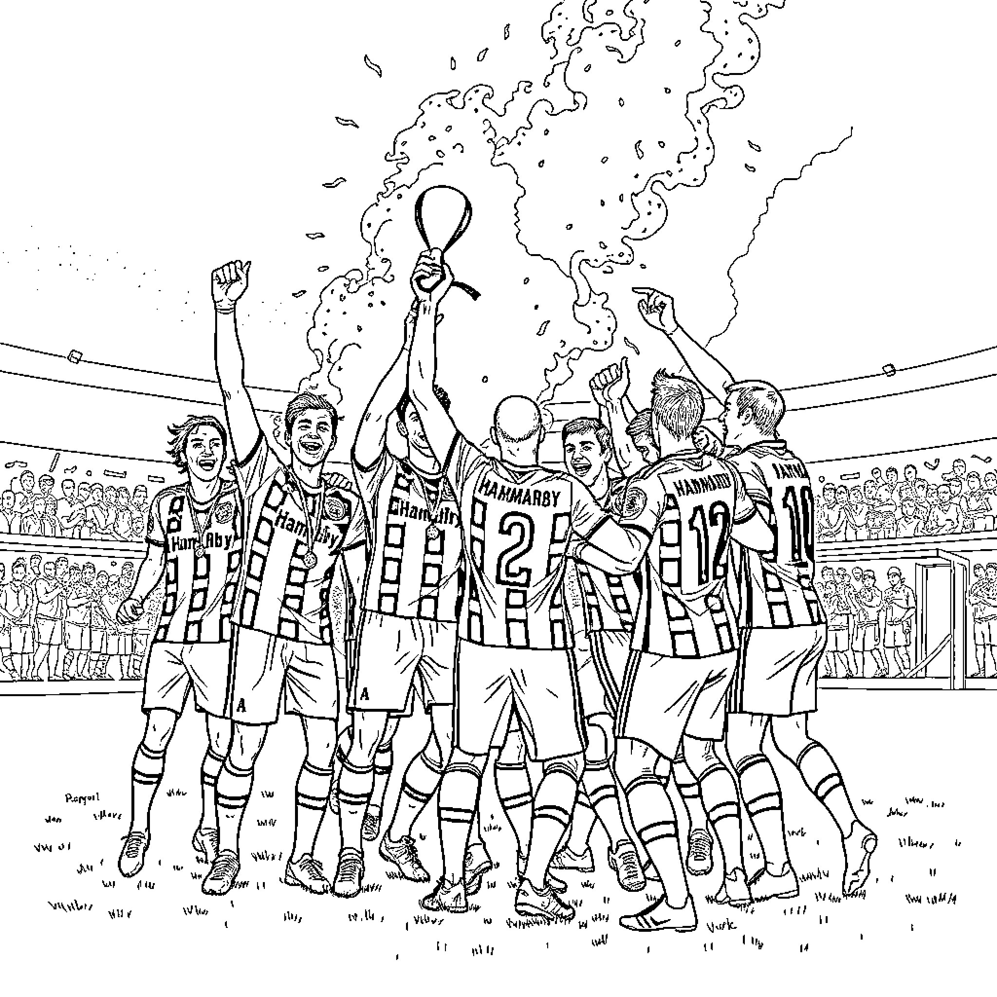 Hammarby IF players celebrating victory on the pitch Coloring Page (free black-and-white line drawing printable PDF for all, from beginners to advanced learners, including children, teens, adults, and seniors)