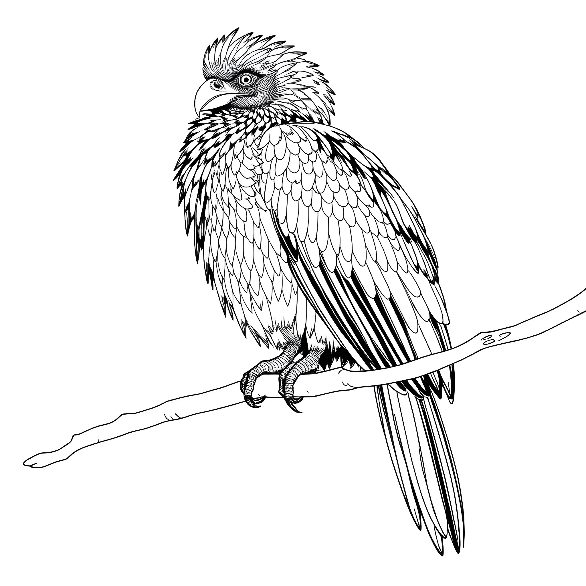 Eudocimus: Ornate Bird Perched with Detailed Plumage Coloring Page (free black-and-white line drawing printable PDF for all, from beginners to advanced learners, including children, teens, adults, and seniors)