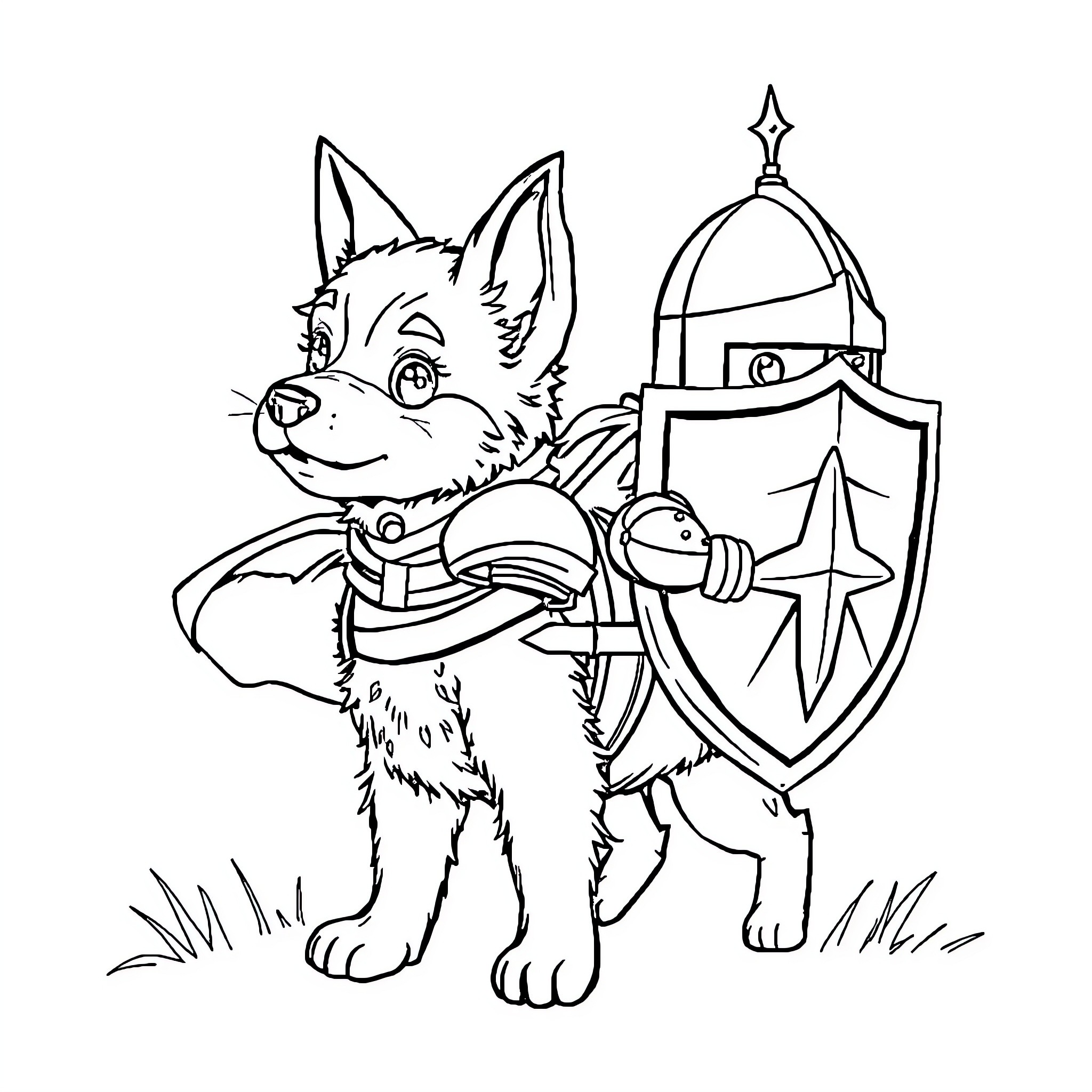 Dog warrior with shield and sword in front of castle Coloring Page (free black-and-white line drawing printable PDF for all, from beginners to advanced learners, including children, teens, adults, and seniors)
