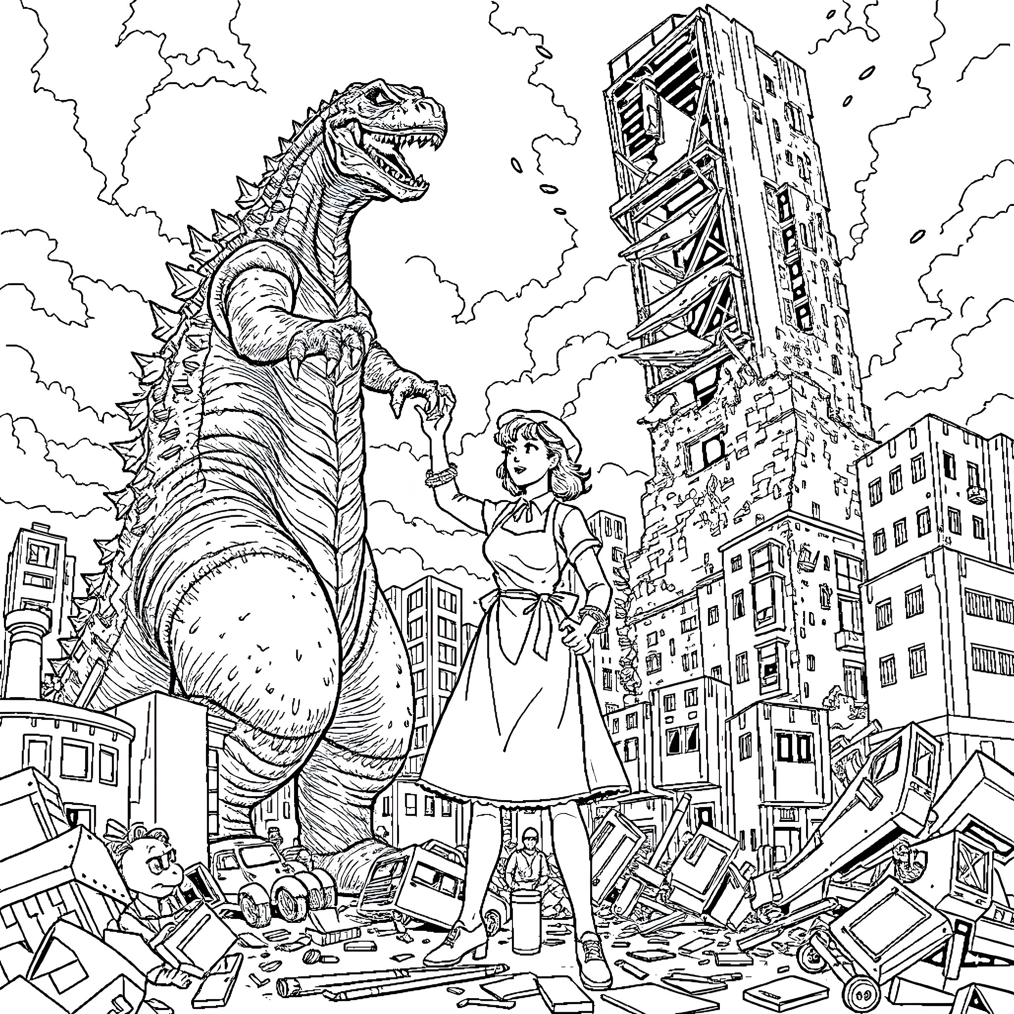 Lunch Lady Battling Giant Dinosaur in Destroyed City Coloring Page (free black-and-white line drawing printable PDF for all, from beginners to advanced learners, including children, teens, adults, and seniors)