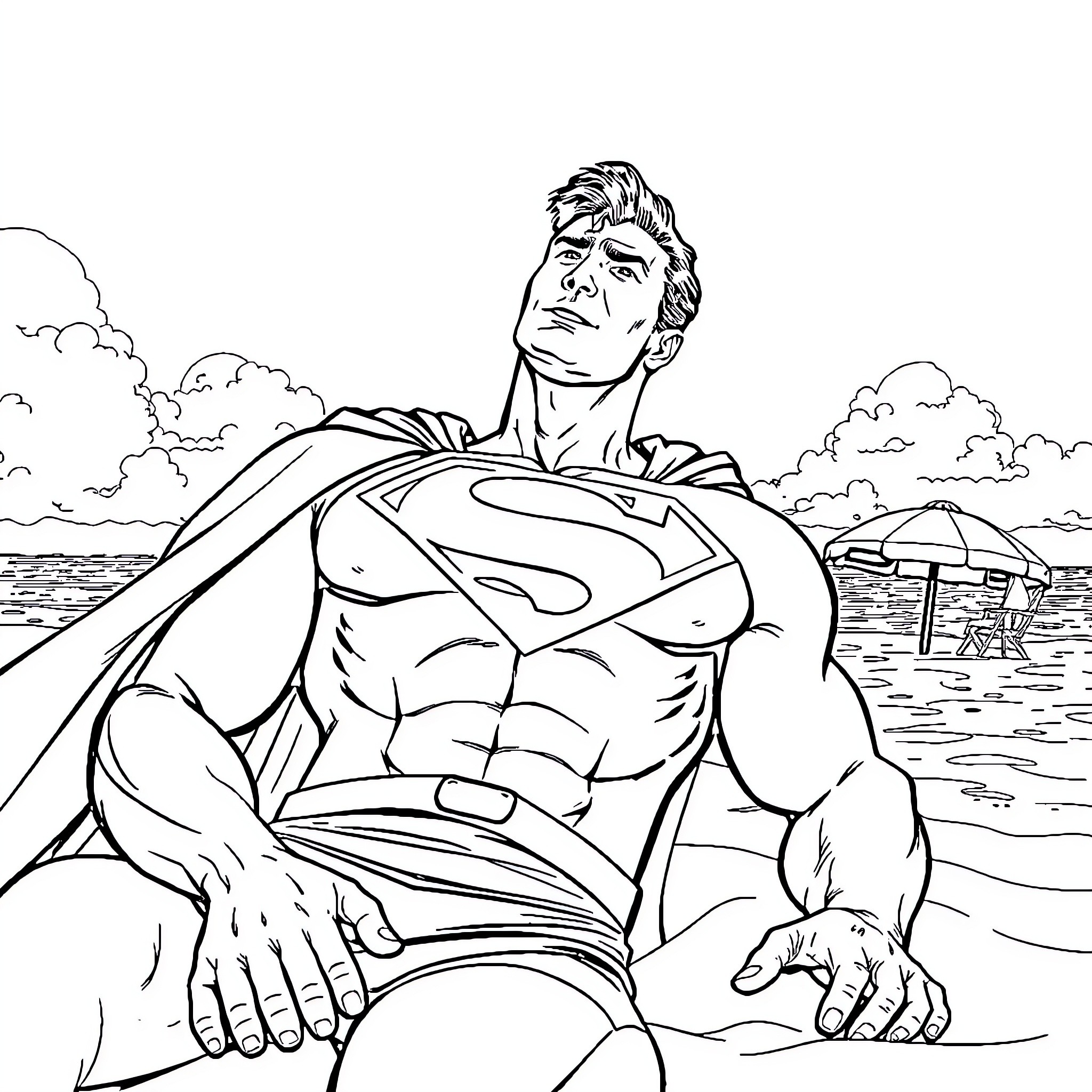 Superman resting on a remote island Coloring Page (free black-and-white line drawing printable PDF for all, from beginners to advanced learners, including children, teens, adults, and seniors)