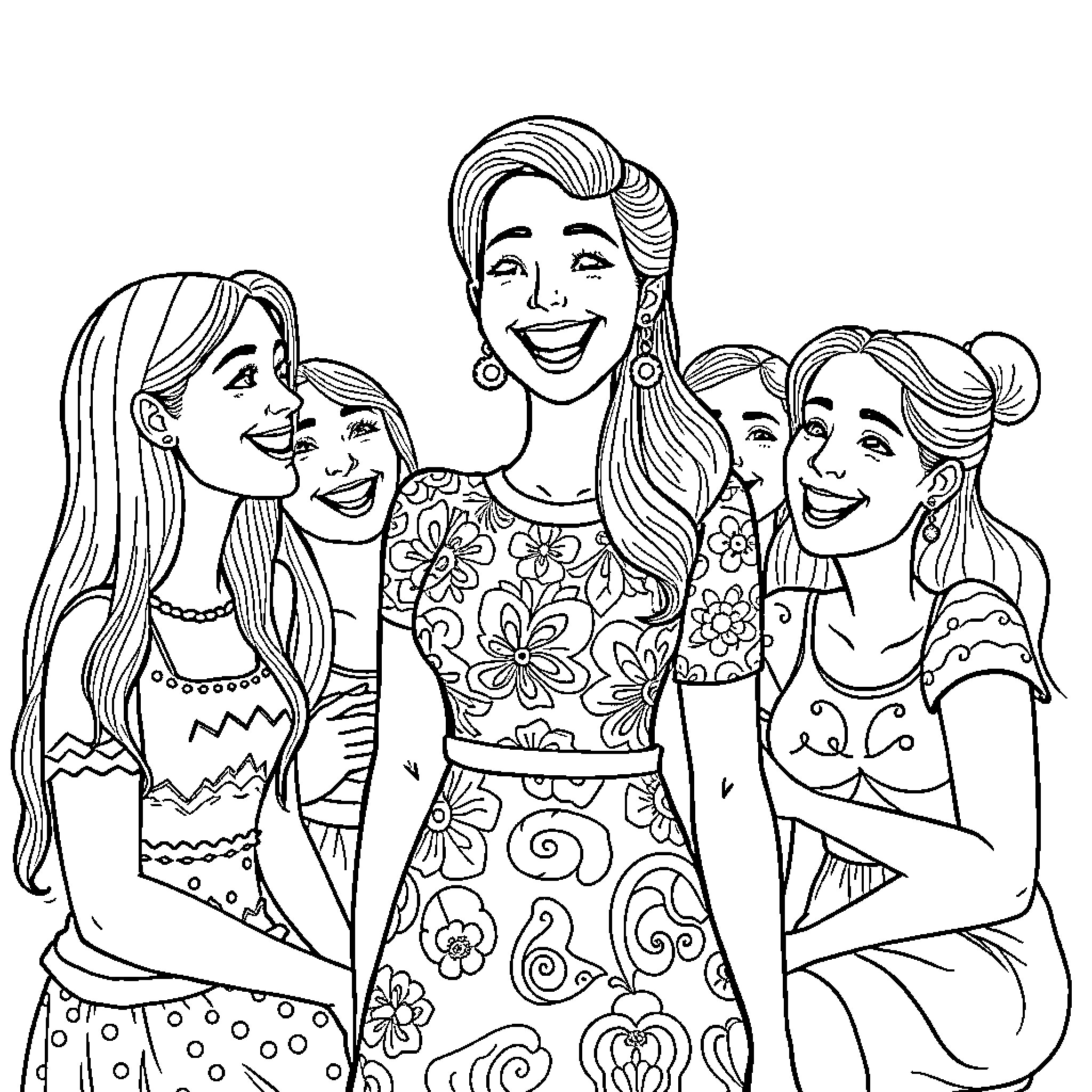 Pepa and her friends enjoying a fun gathering Coloring Page (free black-and-white line drawing printable PDF for all, from beginners to advanced learners, including children, teens, adults, and seniors)