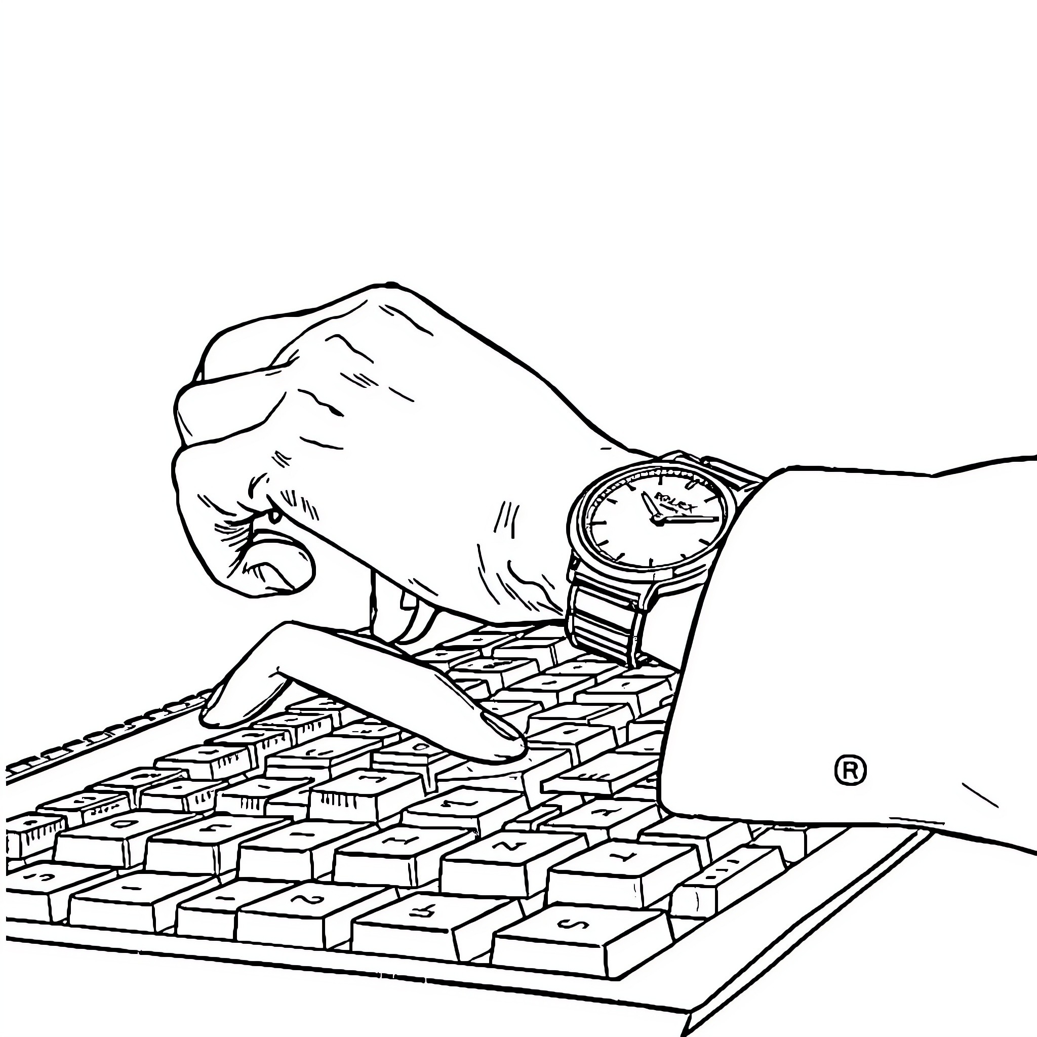 Watch Hand working on keyboard with wristwatch Coloring Page (free black-and-white line drawing printable PDF for all, from beginners to advanced learners, including children, teens, adults, and seniors)
