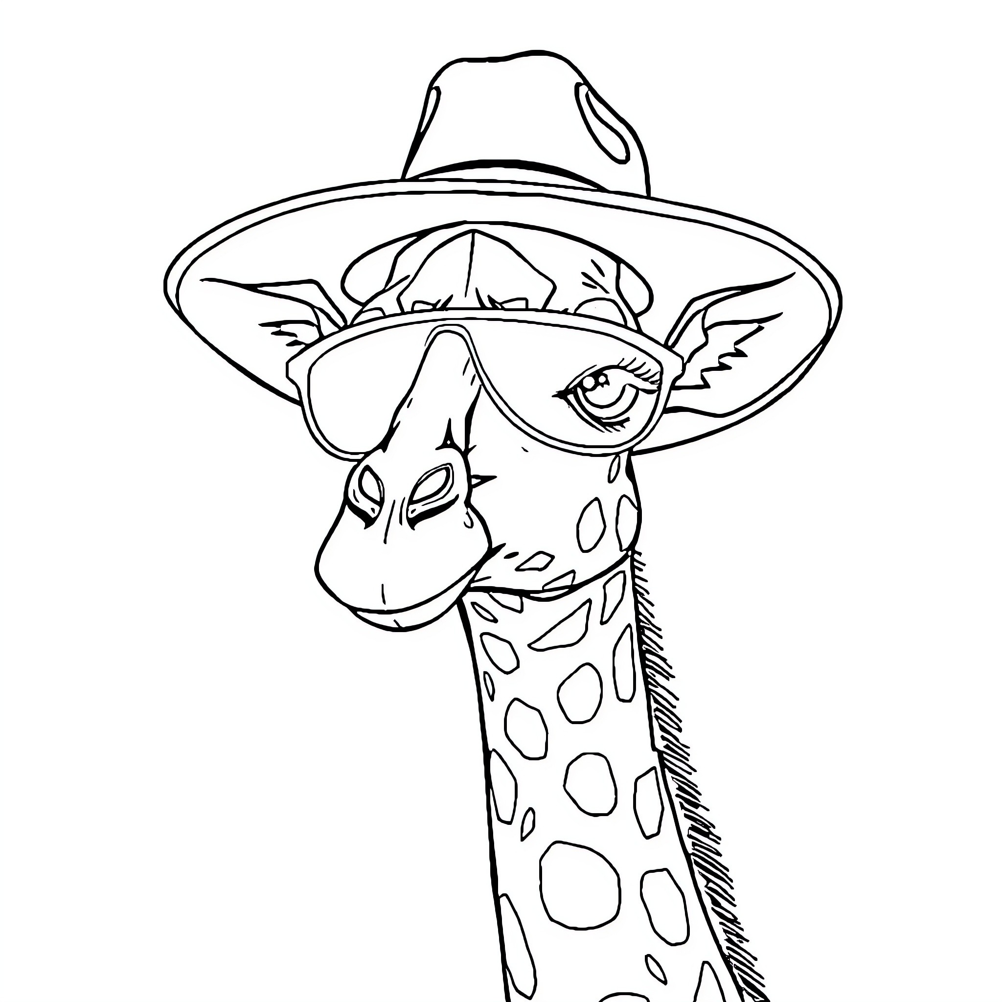 Giraffe wearing a sombrero hat Coloring Page (free black-and-white line drawing printable PDF for all, from beginners to advanced learners, including children, teens, adults, and seniors)