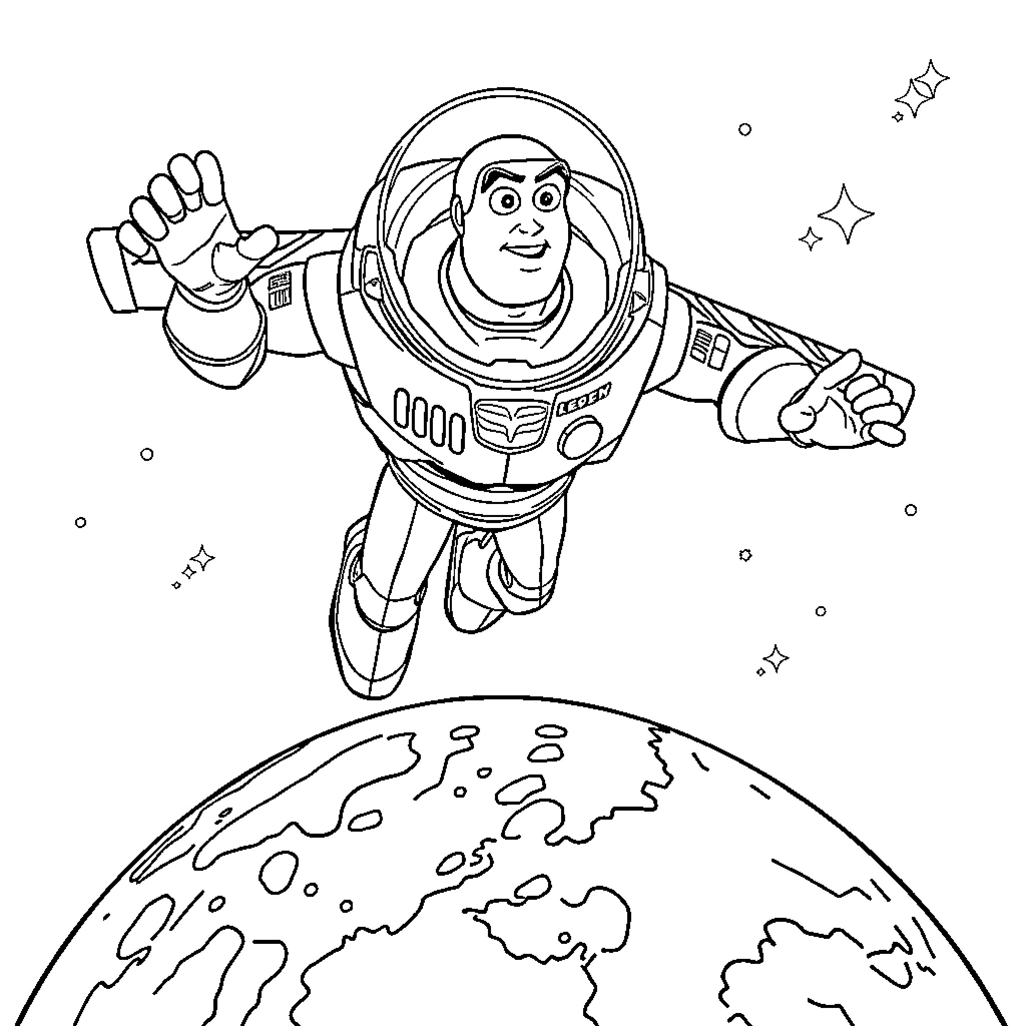Buzz Lightyear soaring through space Coloring Page (free black-and-white line drawing printable PDF for all, from beginners to advanced learners, including children, teens, adults, and seniors)