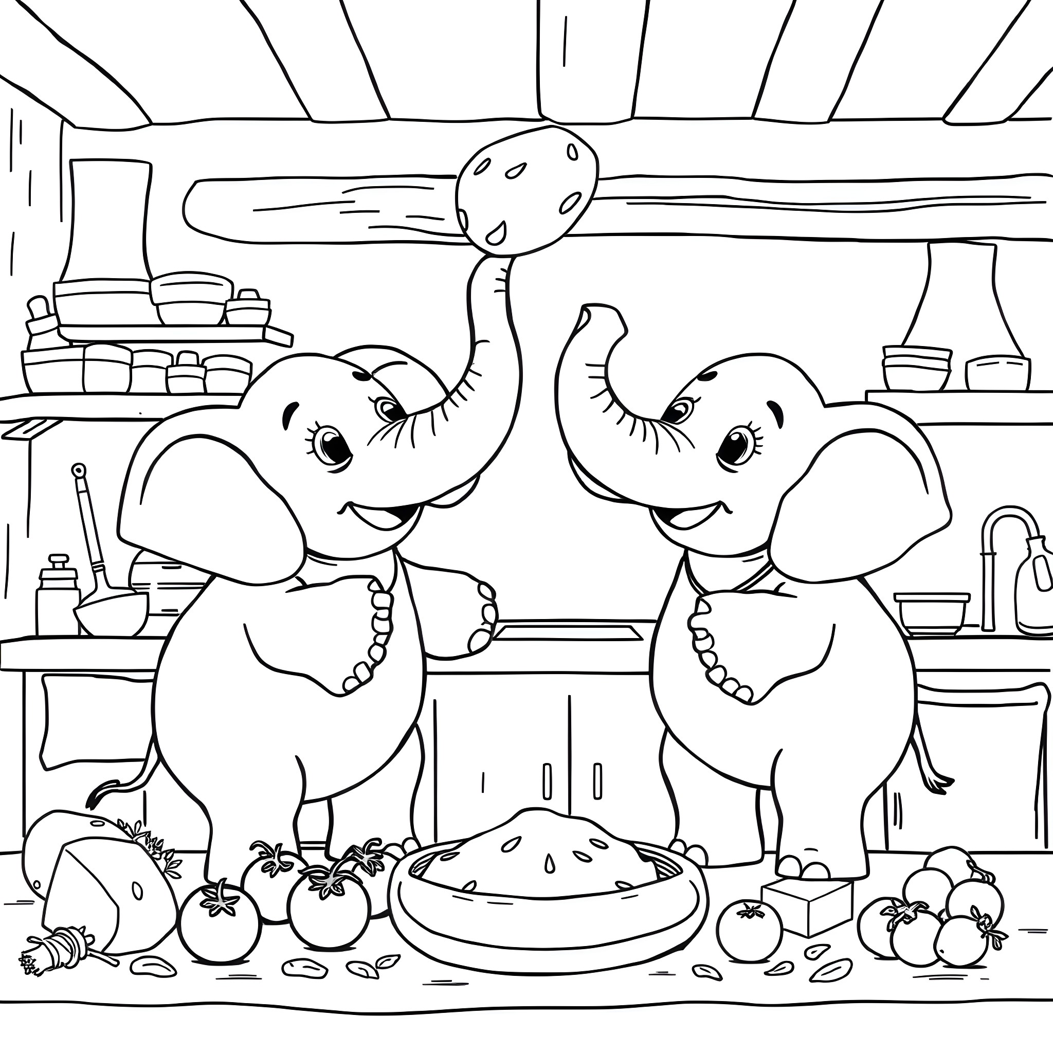 Elephant chefs preparing a meal in the kitchen Coloring Page (free black-and-white line drawing printable PDF for all, from beginners to advanced learners, including children, teens, adults, and seniors)