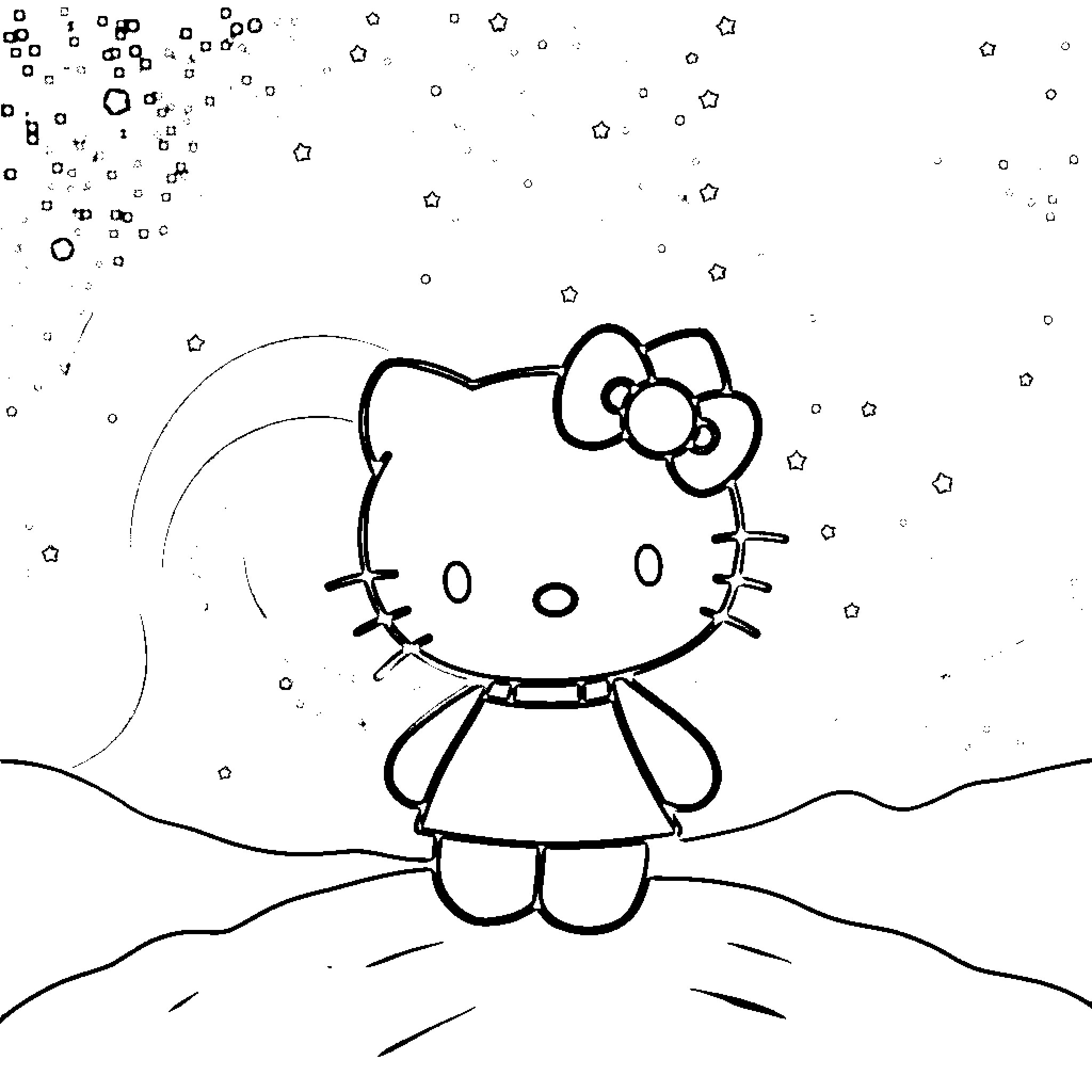 Hello Kitty enjoying the snowy landscape Coloring Page (free black-and-white line drawing printable PDF for all, from beginners to advanced learners, including children, teens, adults, and seniors)