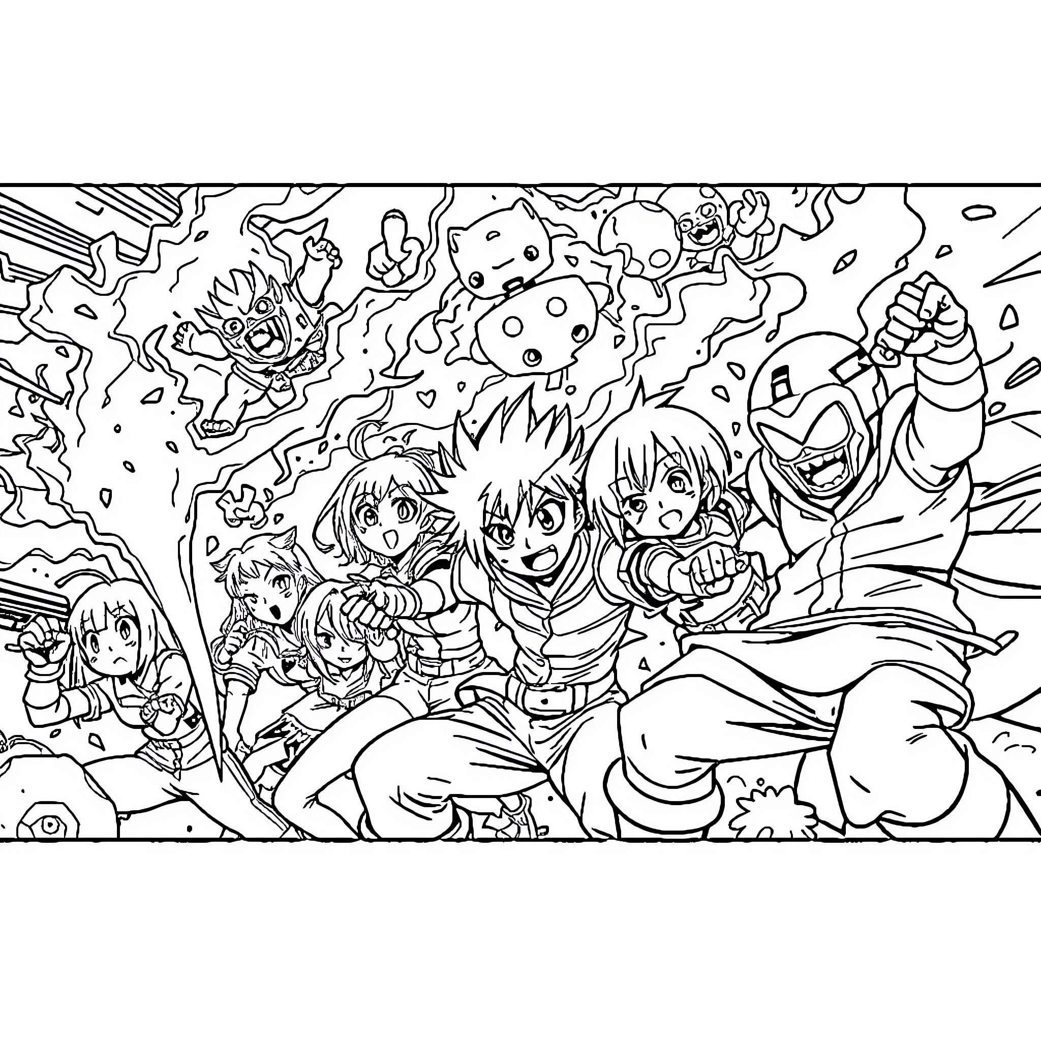Anime Characters in Fantastical Battle Scene Coloring Page (free black-and-white line drawing printable PDF for all, from beginners to advanced learners, including children, teens, adults, and seniors)