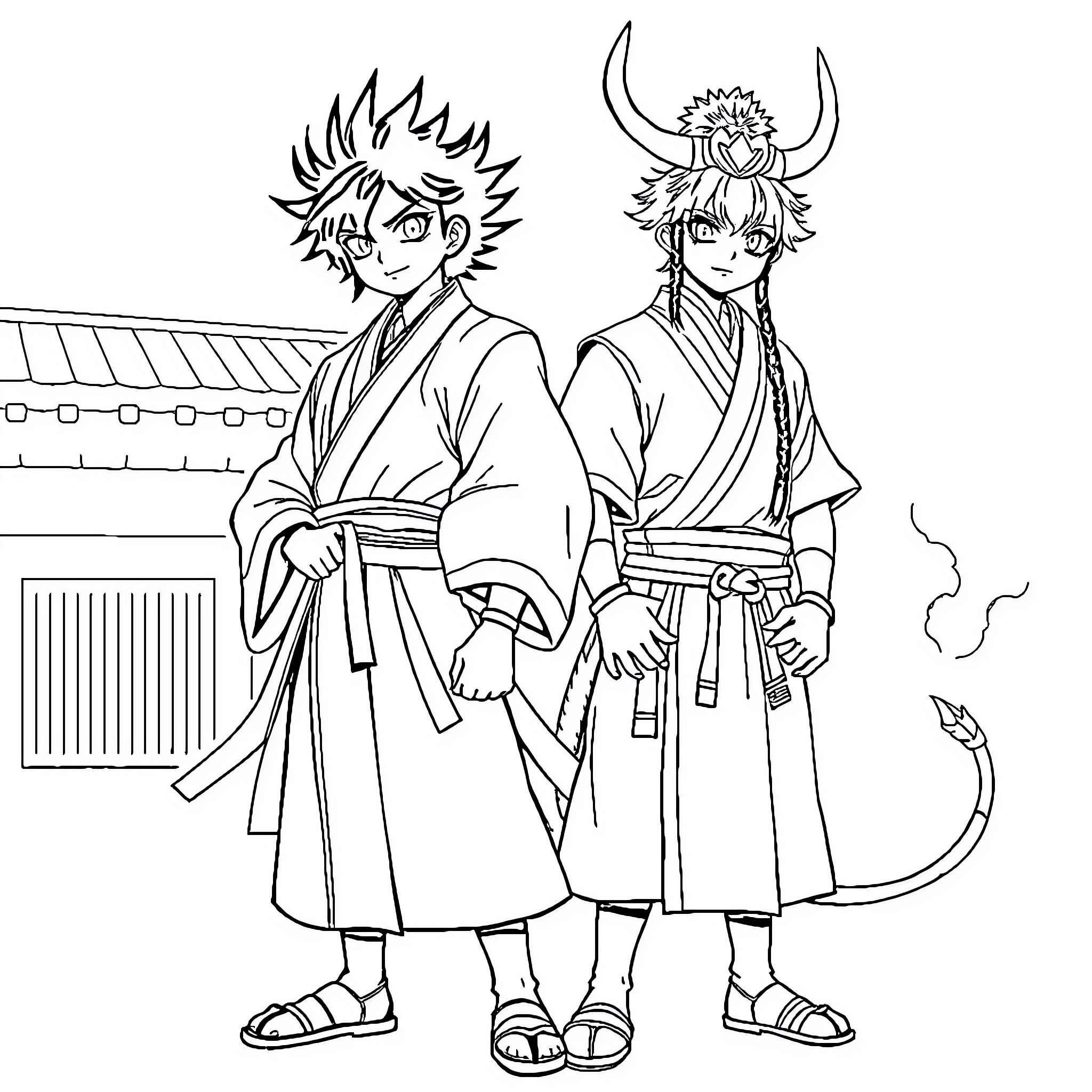 Tanjiro and Zenitsu in Demon Slayer Outfits Coloring Page (free black-and-white line drawing printable PDF for all, from beginners to advanced learners, including children, teens, adults, and seniors)