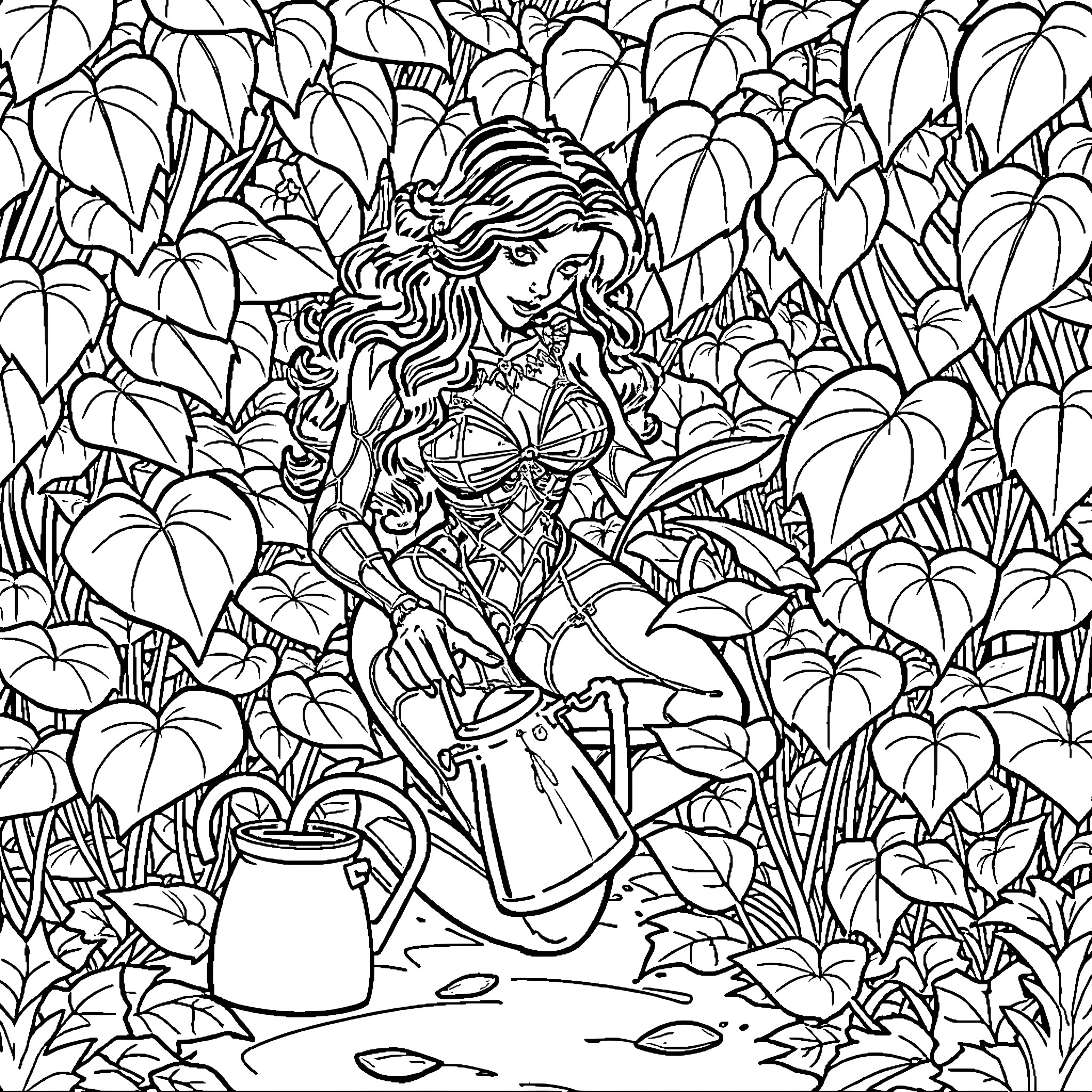 Poison Ivy cultivating her botanical garden Coloring Page (free black-and-white line drawing printable PDF for all, from beginners to advanced learners, including children, teens, adults, and seniors)