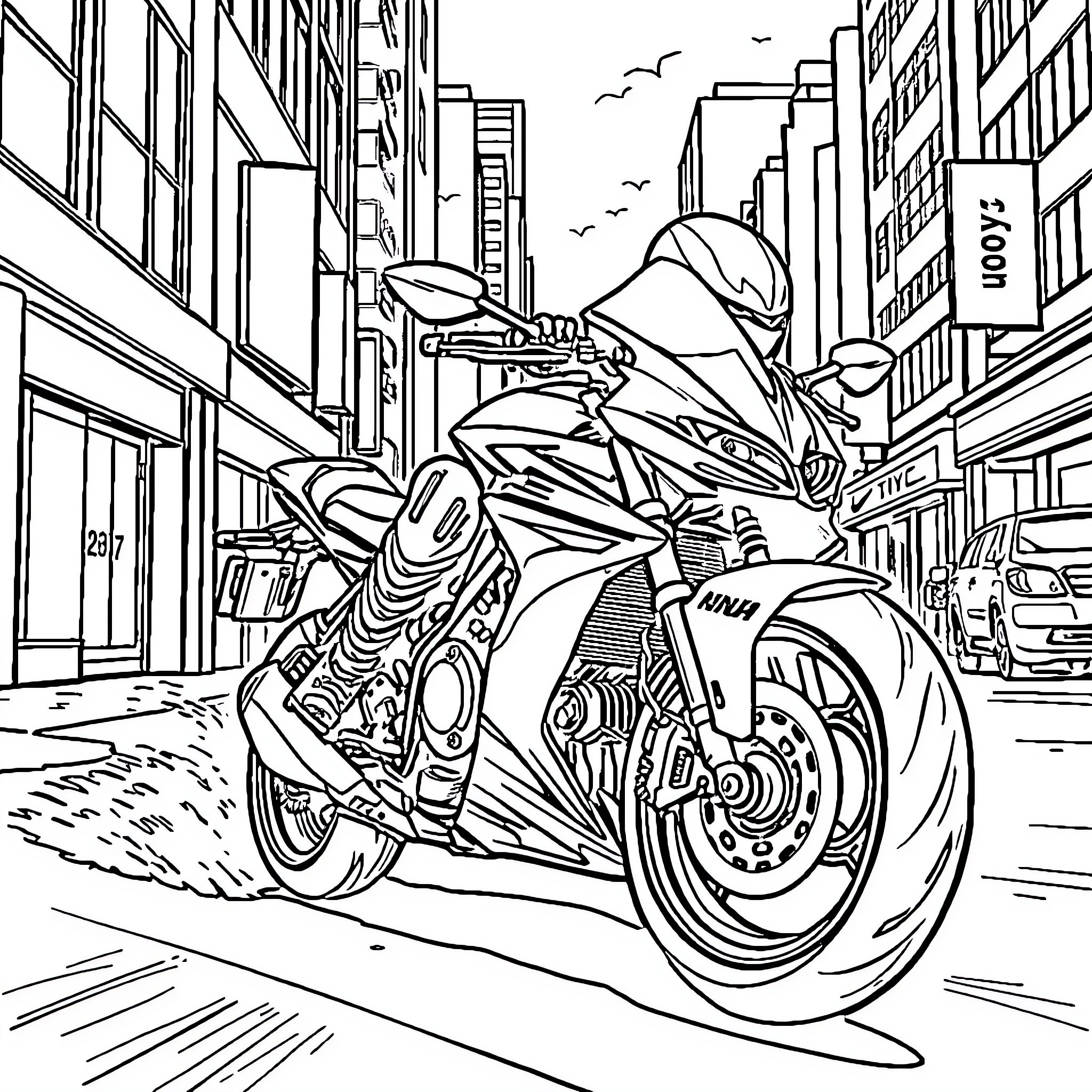 Ninja Moto Speeding Through the City Streets Coloring Page (free black-and-white line drawing printable PDF for all, from beginners to advanced learners, including children, teens, adults, and seniors)