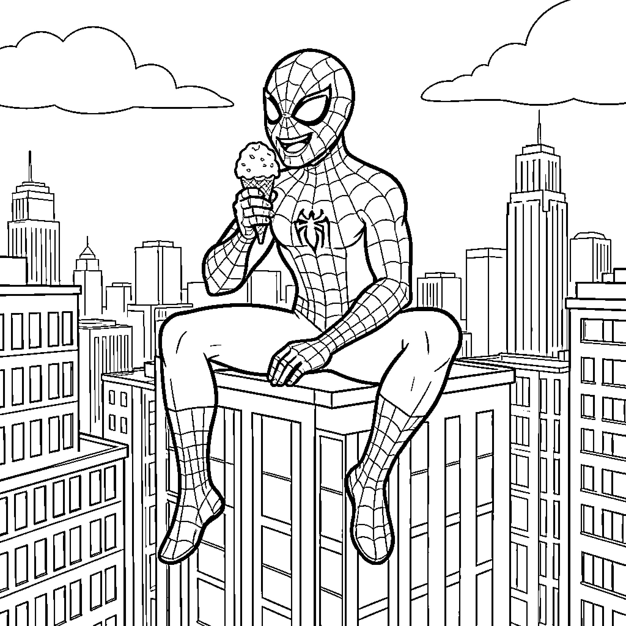 Spiderman sitting on a rooftop eating ice cream Coloring Page (free black-and-white line drawing printable PDF for all, from beginners to advanced learners, including children, teens, adults, and seniors)
