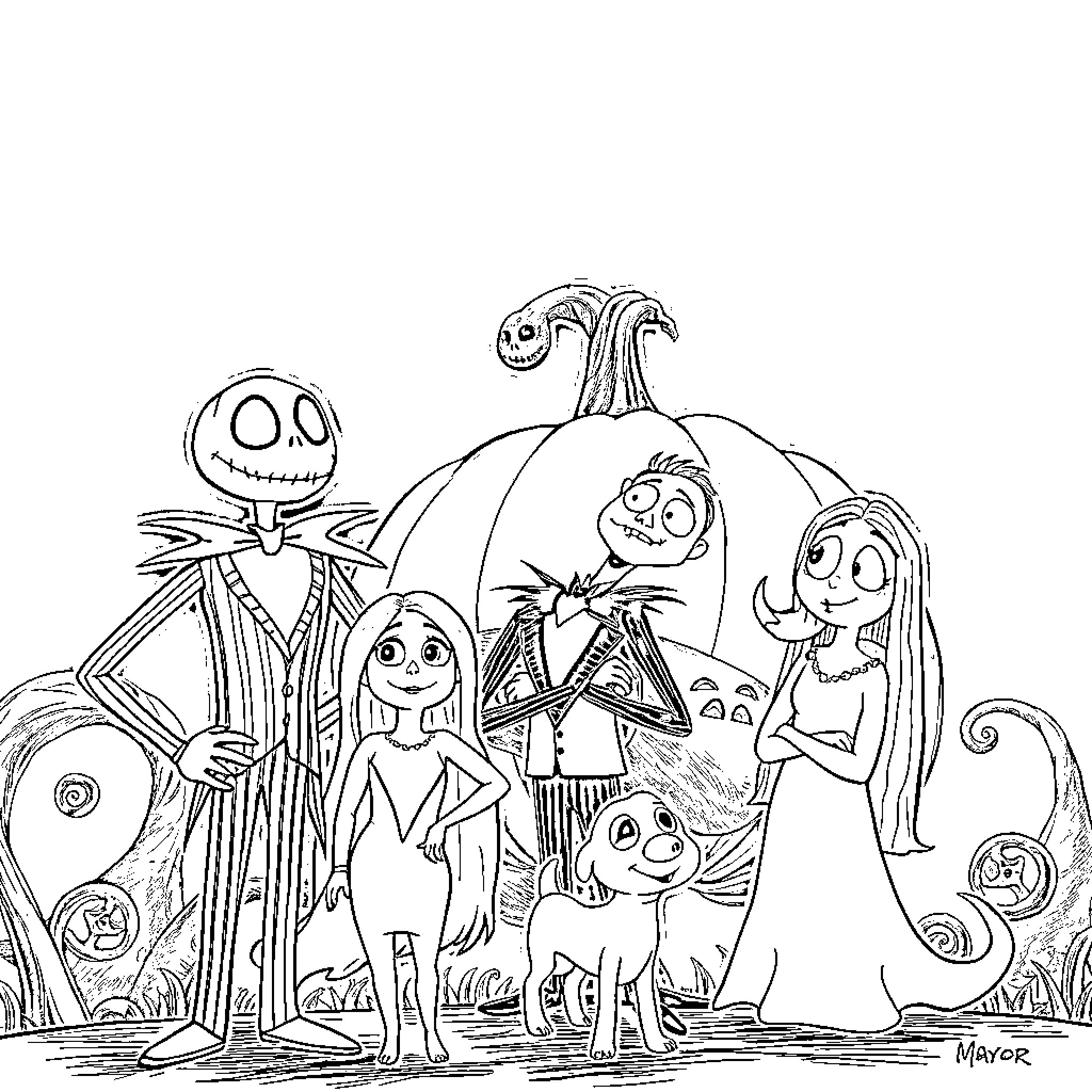Jack Skellington and his spooky Halloween friends Coloring Page (free black-and-white line drawing printable PDF for all, from beginners to advanced learners, including children, teens, adults, and seniors)