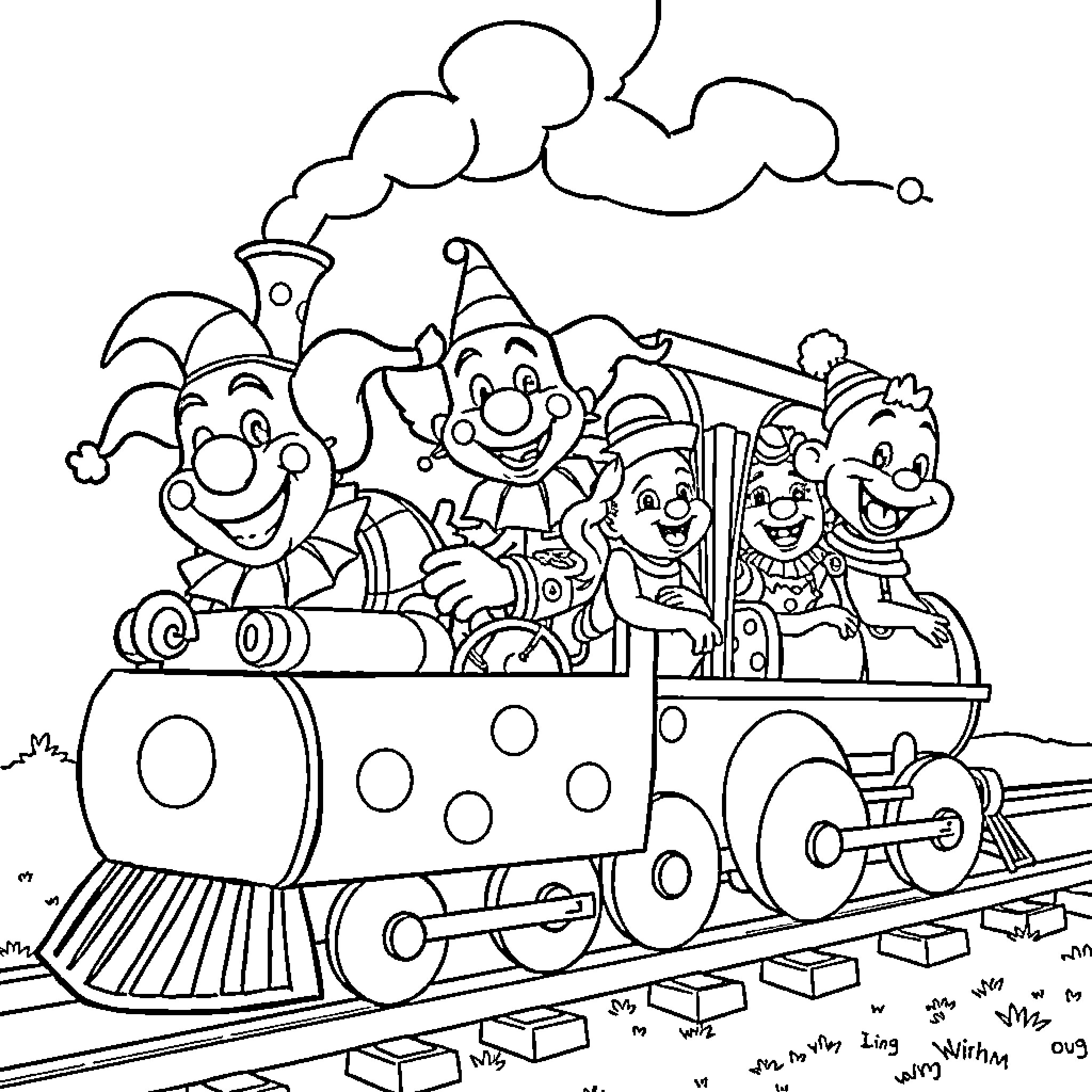 Plim Plim Clowns Riding Whimsical Train Coloring Page (free black-and-white line drawing printable PDF for all, from beginners to advanced learners, including children, teens, adults, and seniors)