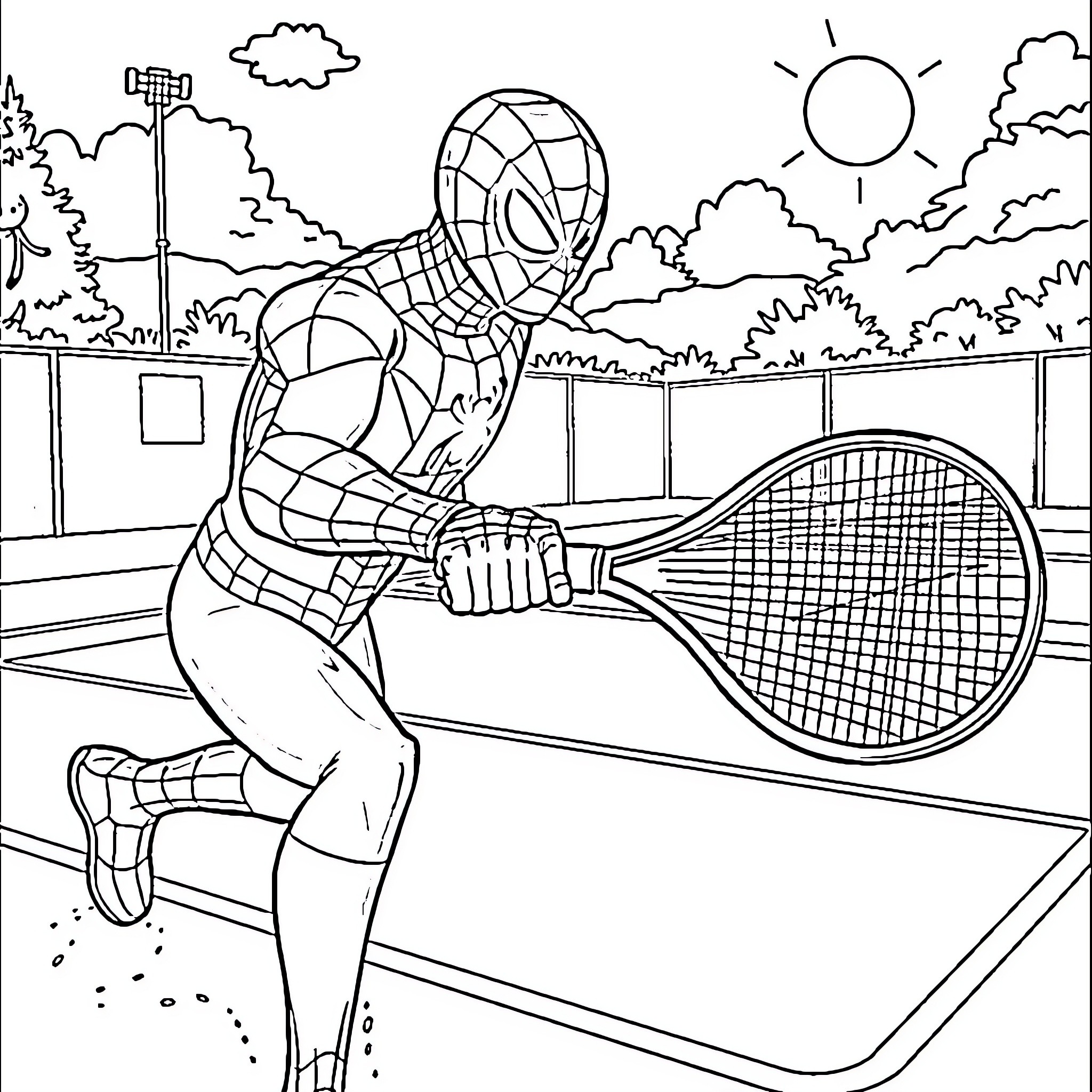 Spiderman playing tennis on the court Coloring Page (free black-and-white line drawing printable PDF for all, from beginners to advanced learners, including children, teens, adults, and seniors)