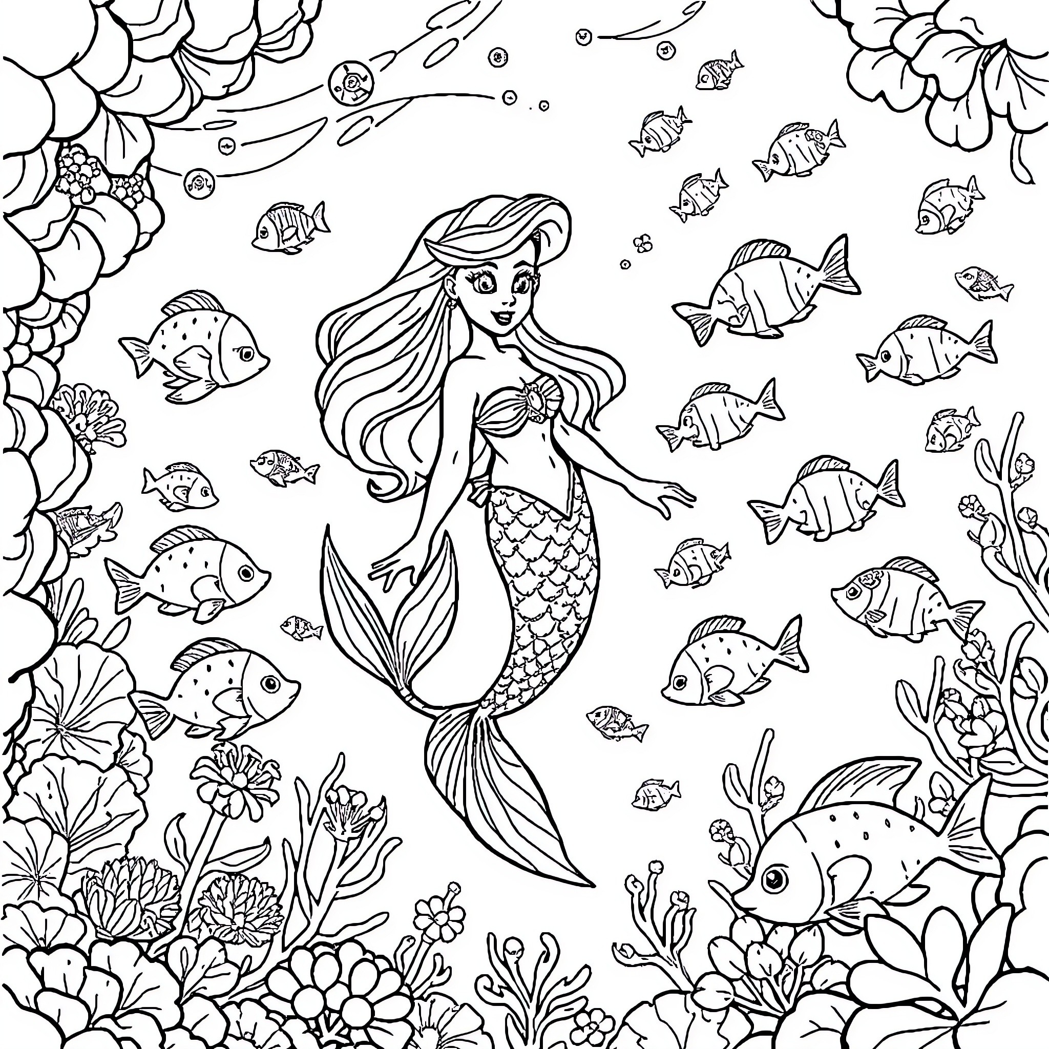 Mermaid exploring a colorful underwater world Coloring Page (free black-and-white line drawing printable PDF for all, from beginners to advanced learners, including children, teens, adults, and seniors)