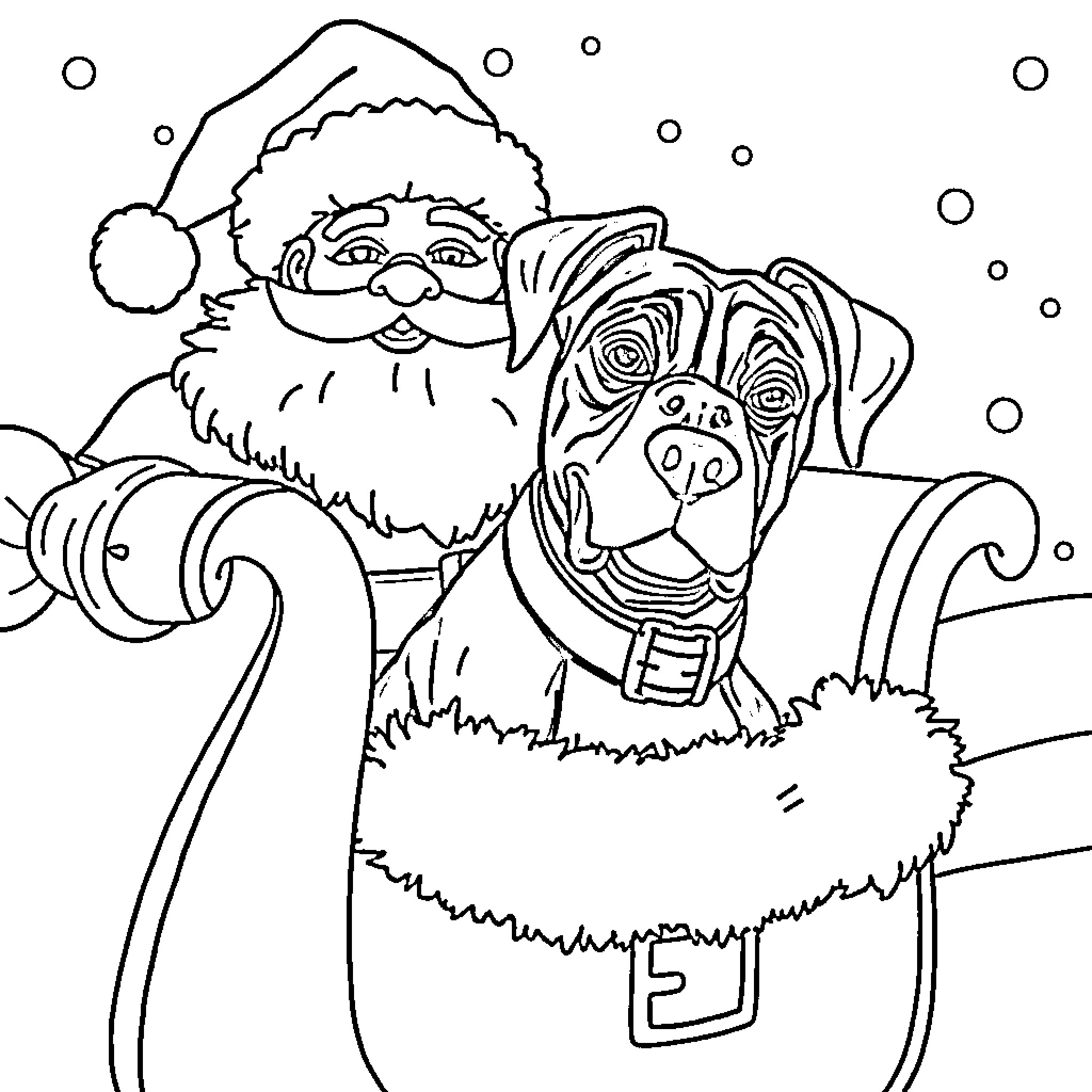 Boxer dog with Santa Claus in the snow Coloring Page (free black-and-white line drawing printable PDF for all, from beginners to advanced learners, including children, teens, adults, and seniors)