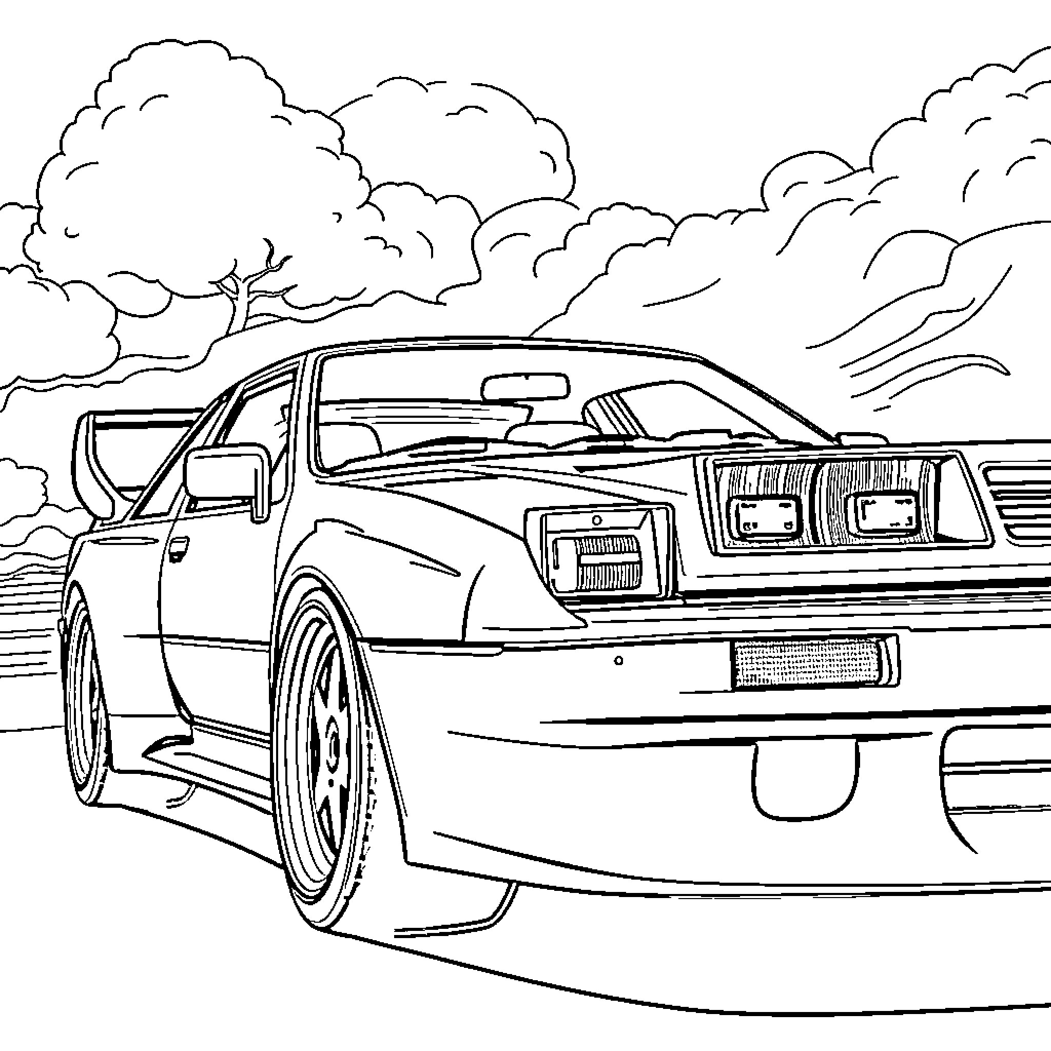 Car speeding through a windy road Coloring Page (free black-and-white line drawing printable PDF for all, from beginners to advanced learners, including children, teens, adults, and seniors)