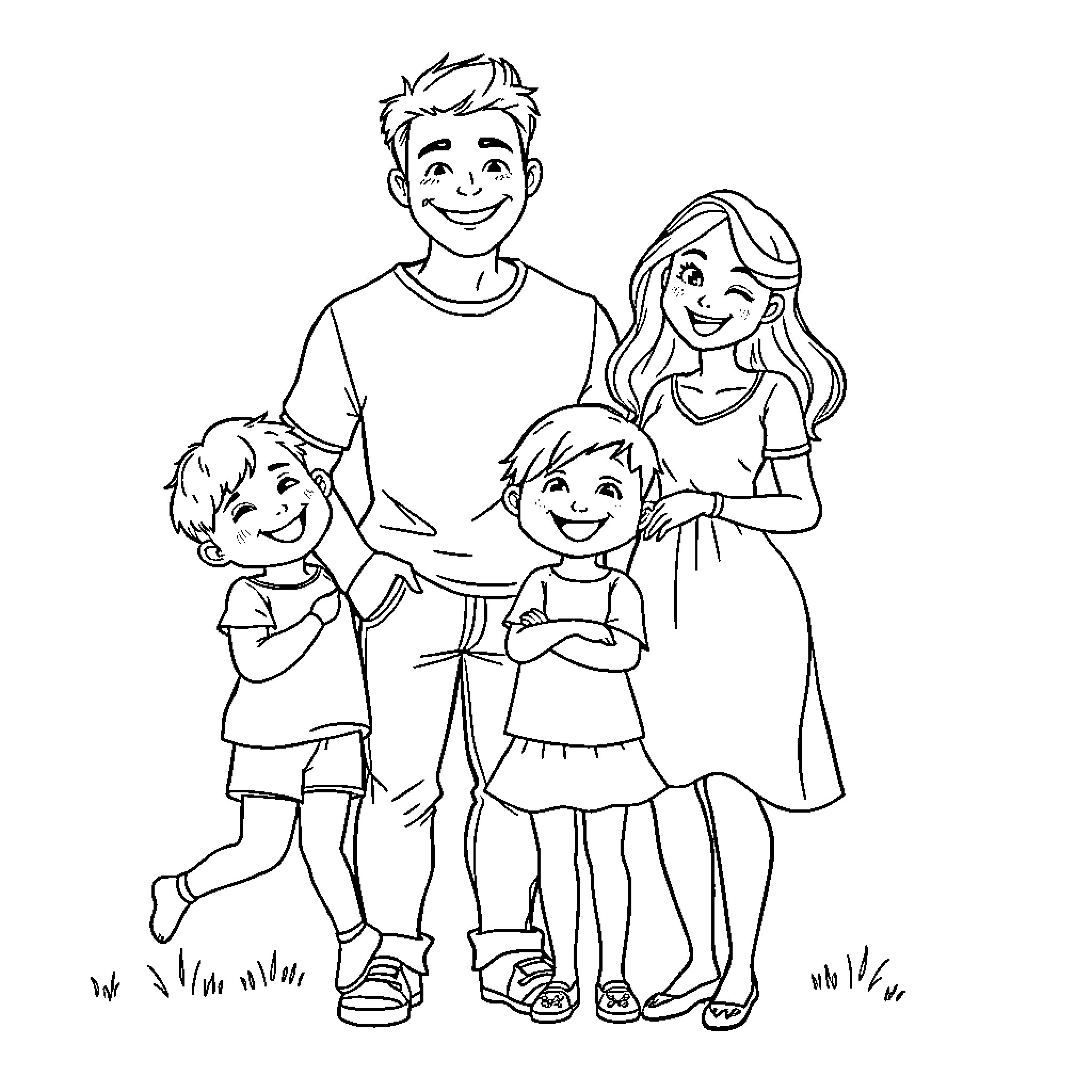 Family Enjoying Quality Time Outdoors Coloring Page (free black-and-white line drawing printable PDF for all, from beginners to advanced learners, including children, teens, adults, and seniors)