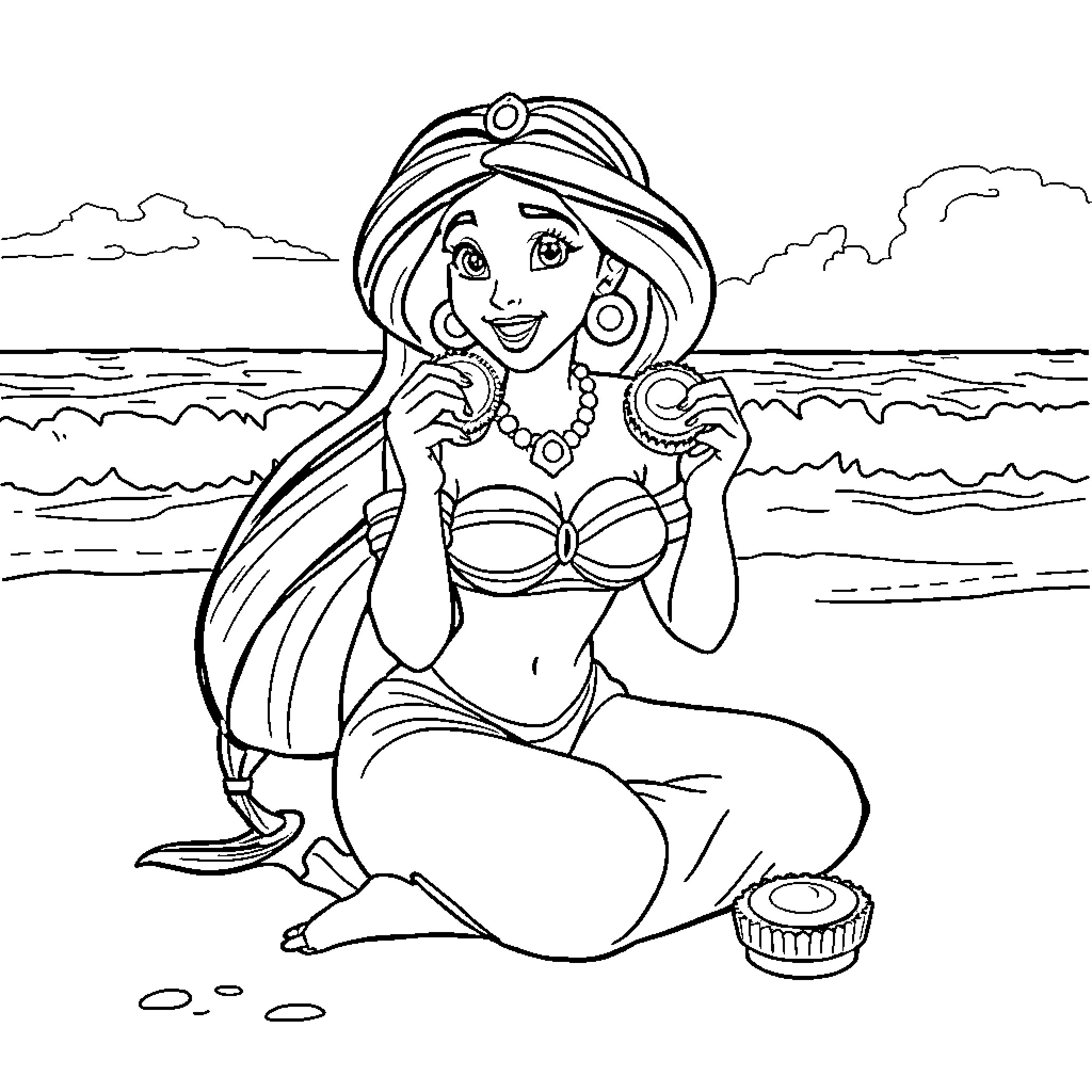 Princess Admiring the Seascape Coloring Page (free black-and-white line drawing printable PDF for all, from beginners to advanced learners, including children, teens, adults, and seniors)