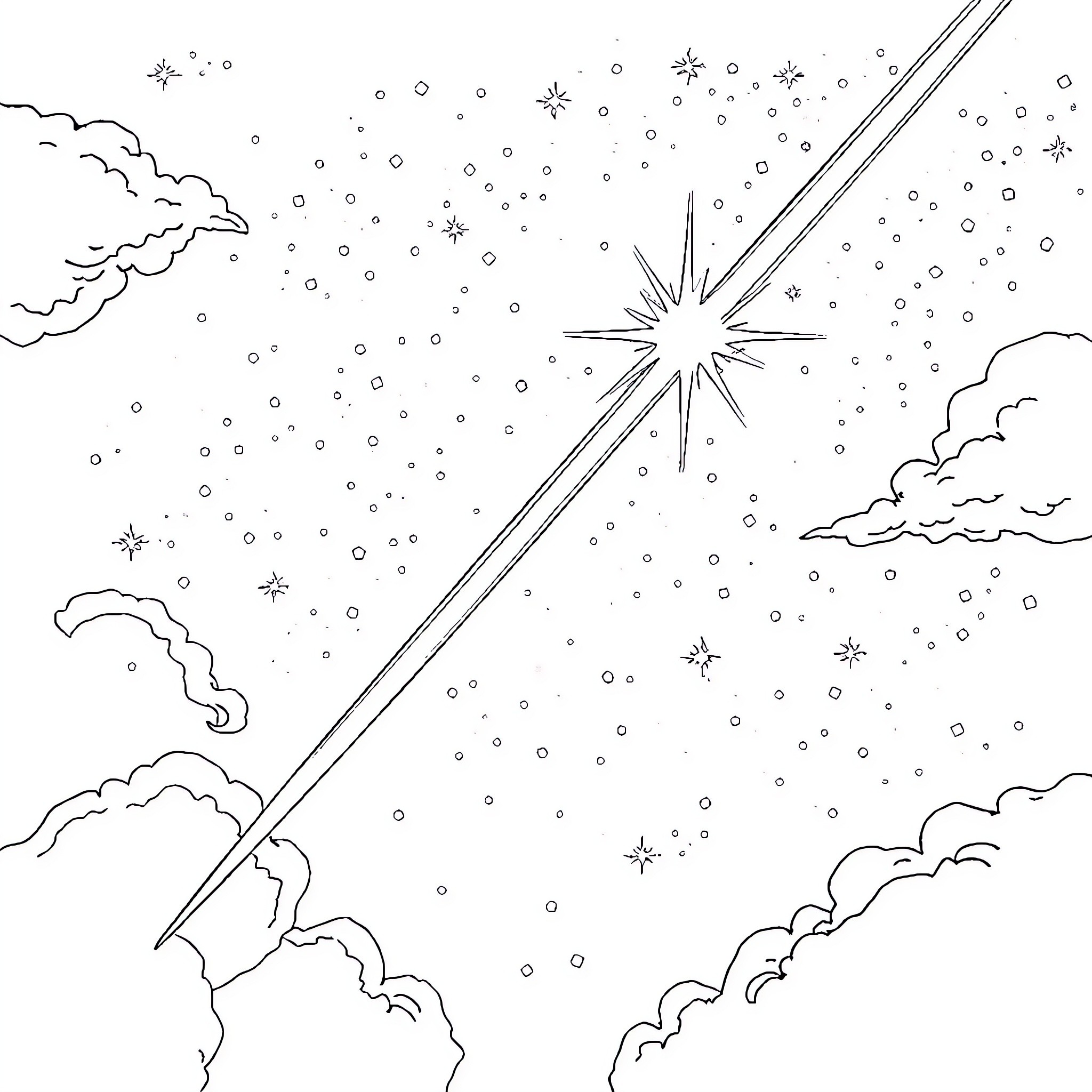 Rocket soaring through the starry night sky Coloring Page (free black-and-white line drawing printable PDF for all, from beginners to advanced learners, including children, teens, adults, and seniors)