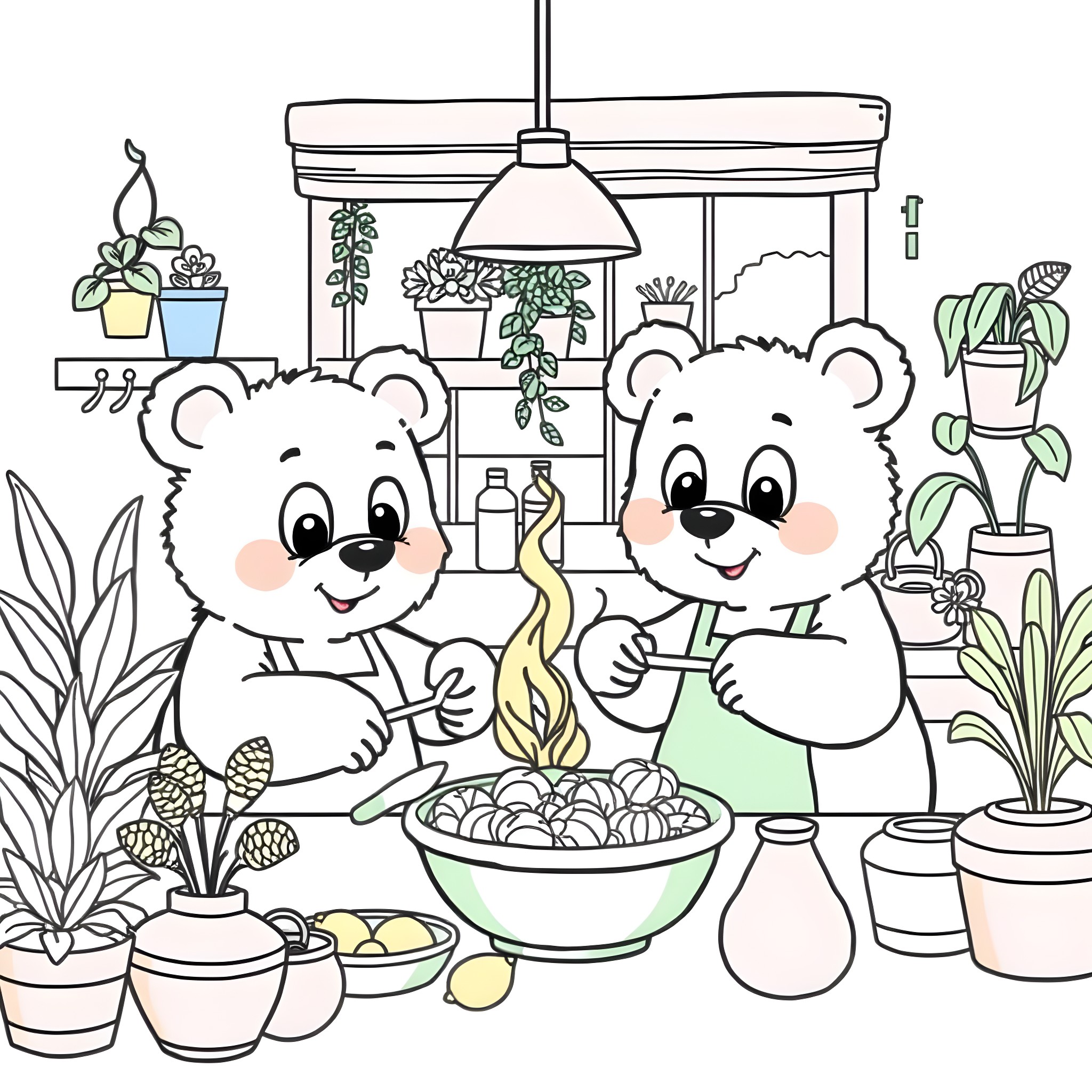 Bear friends enjoying a cozy indoor setting Coloring Page (free black-and-white line drawing printable PDF for all, from beginners to advanced learners, including children, teens, adults, and seniors)