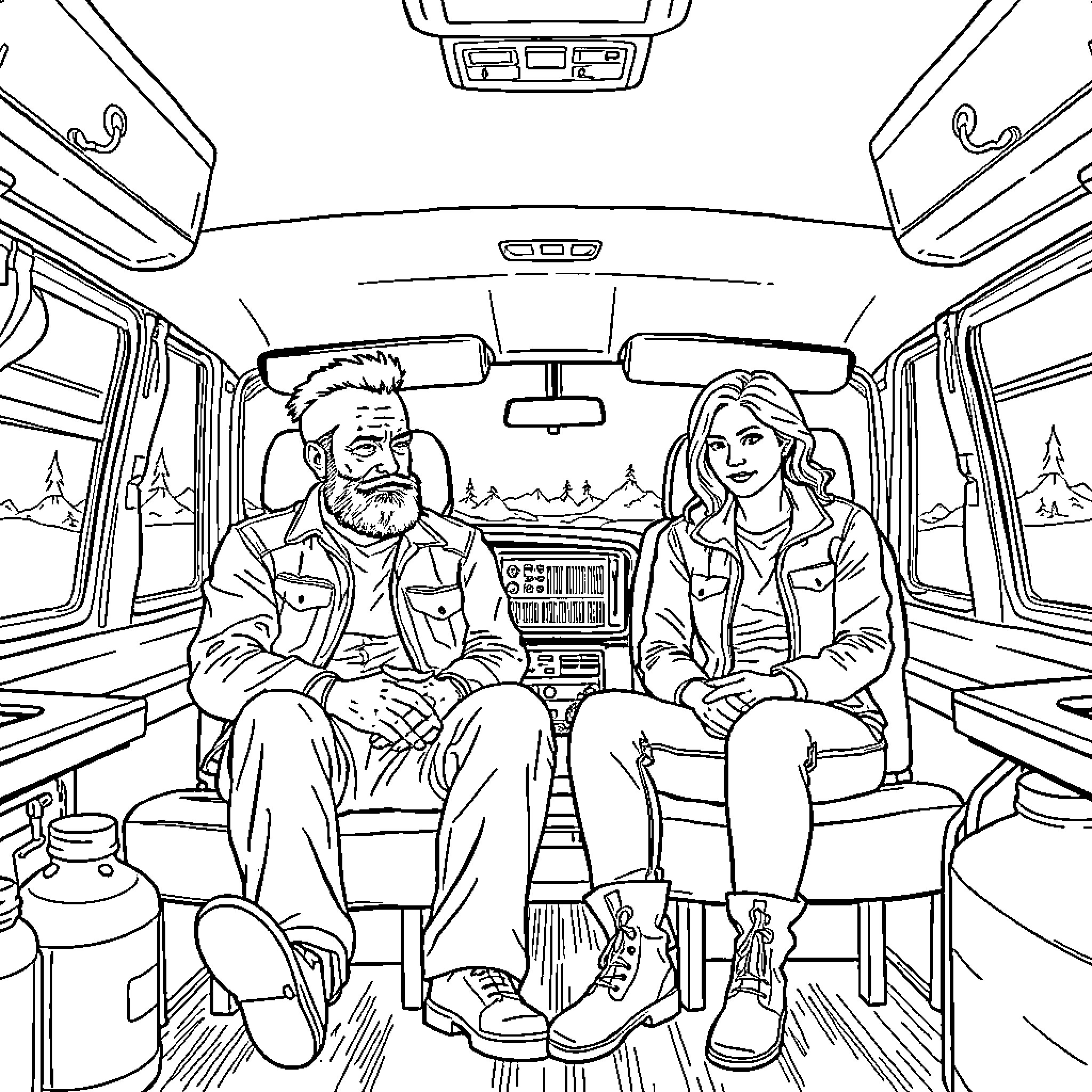 Mr. White and companion travel in camper van Coloring Page (free black-and-white line drawing printable PDF for all, from beginners to advanced learners, including children, teens, adults, and seniors)