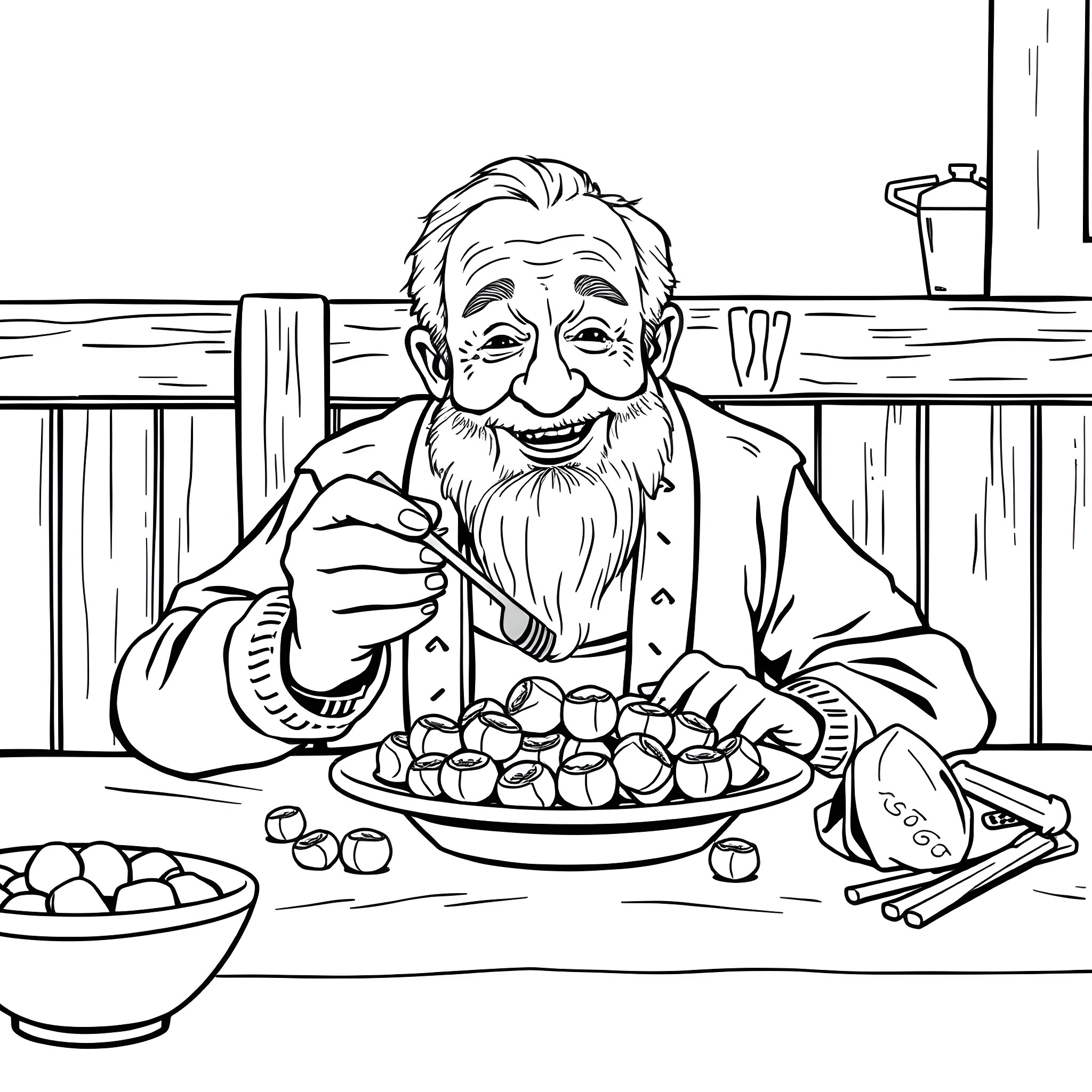 Grandpa enjoying a hearty meal at home Coloring Page (free black-and-white line drawing printable PDF for all, from beginners to advanced learners, including children, teens, adults, and seniors)