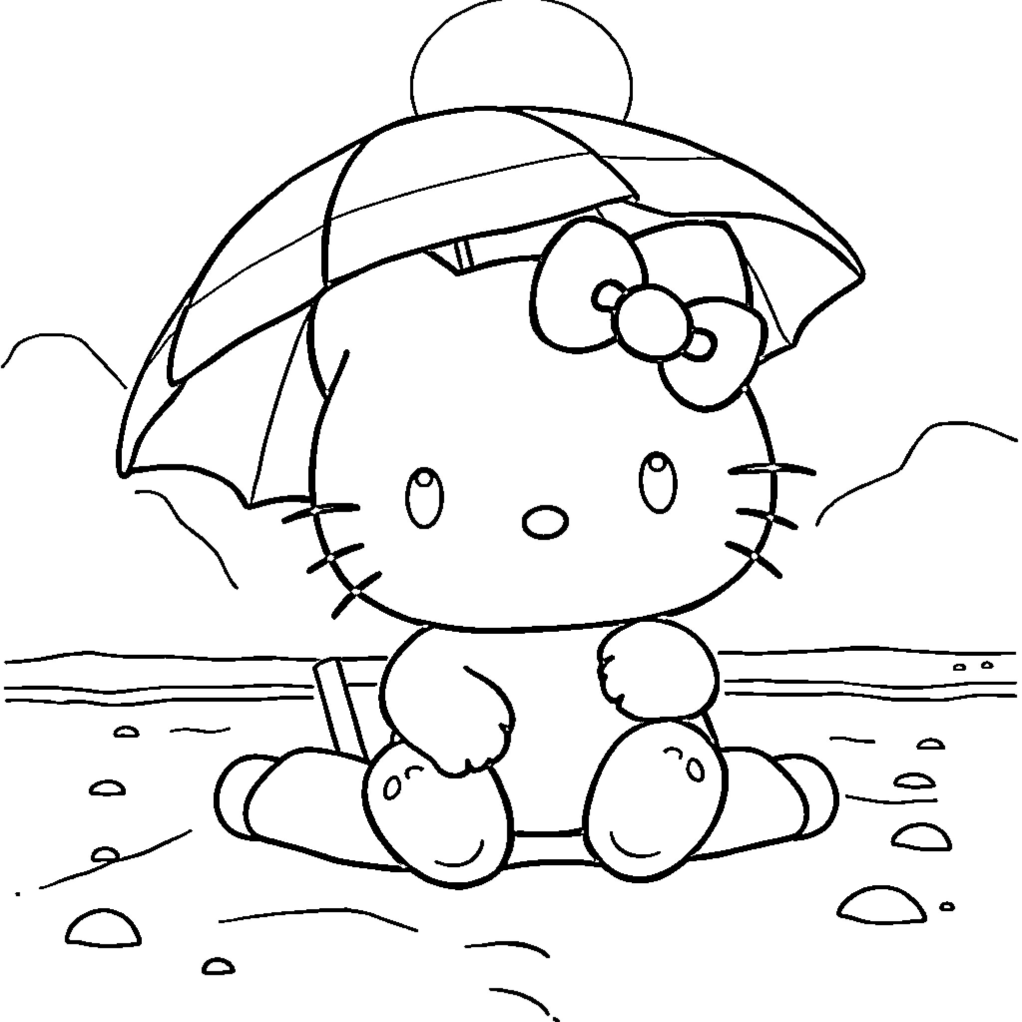 Cinnamoroll relaxing on the beach with umbrella Coloring Page (free black-and-white line drawing printable PDF for all, from beginners to advanced learners, including children, teens, adults, and seniors)
