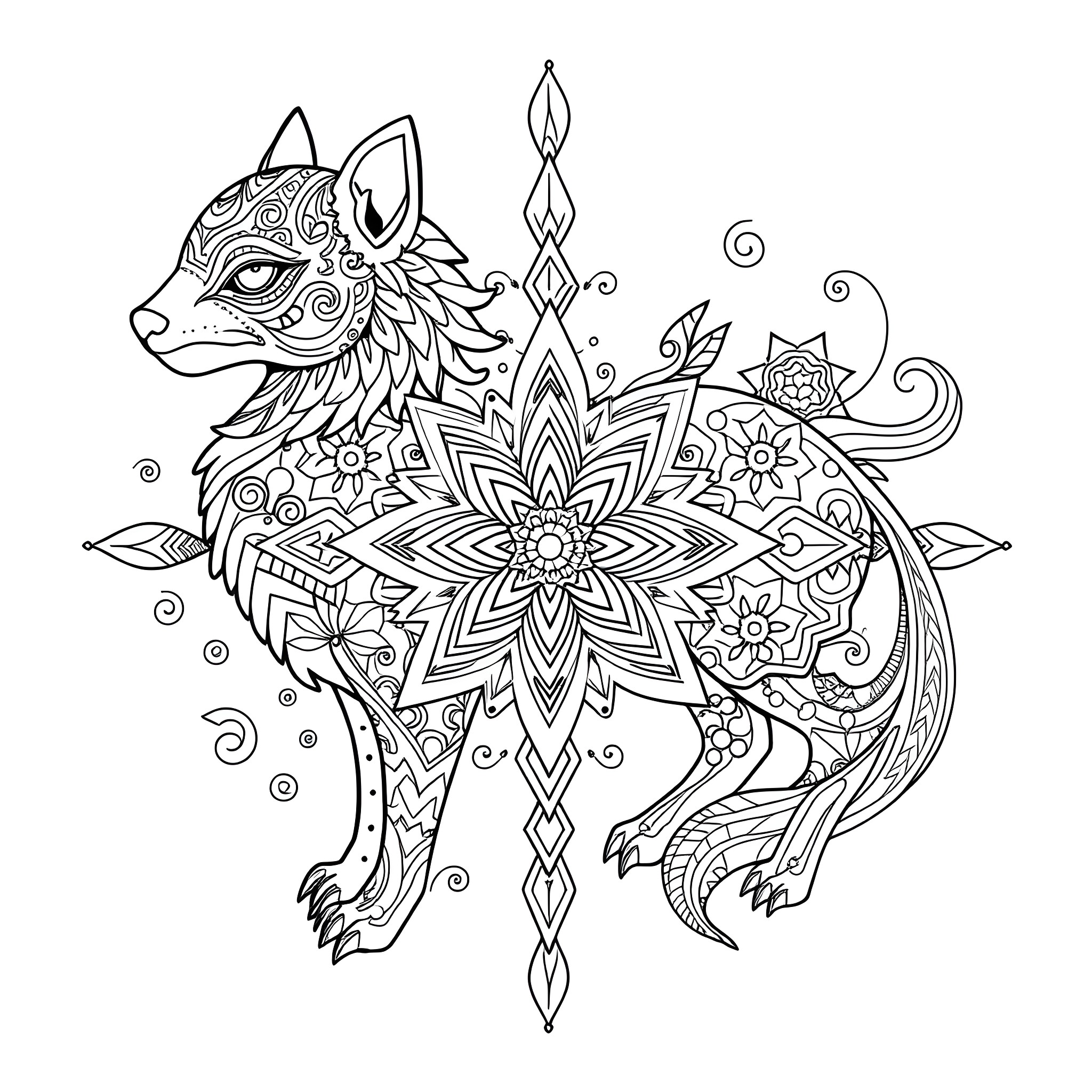 Mandala of a Decorative Fox Creature Coloring Page (free black-and-white line drawing printable PDF for all, from beginners to advanced learners, including children, teens, adults, and seniors)