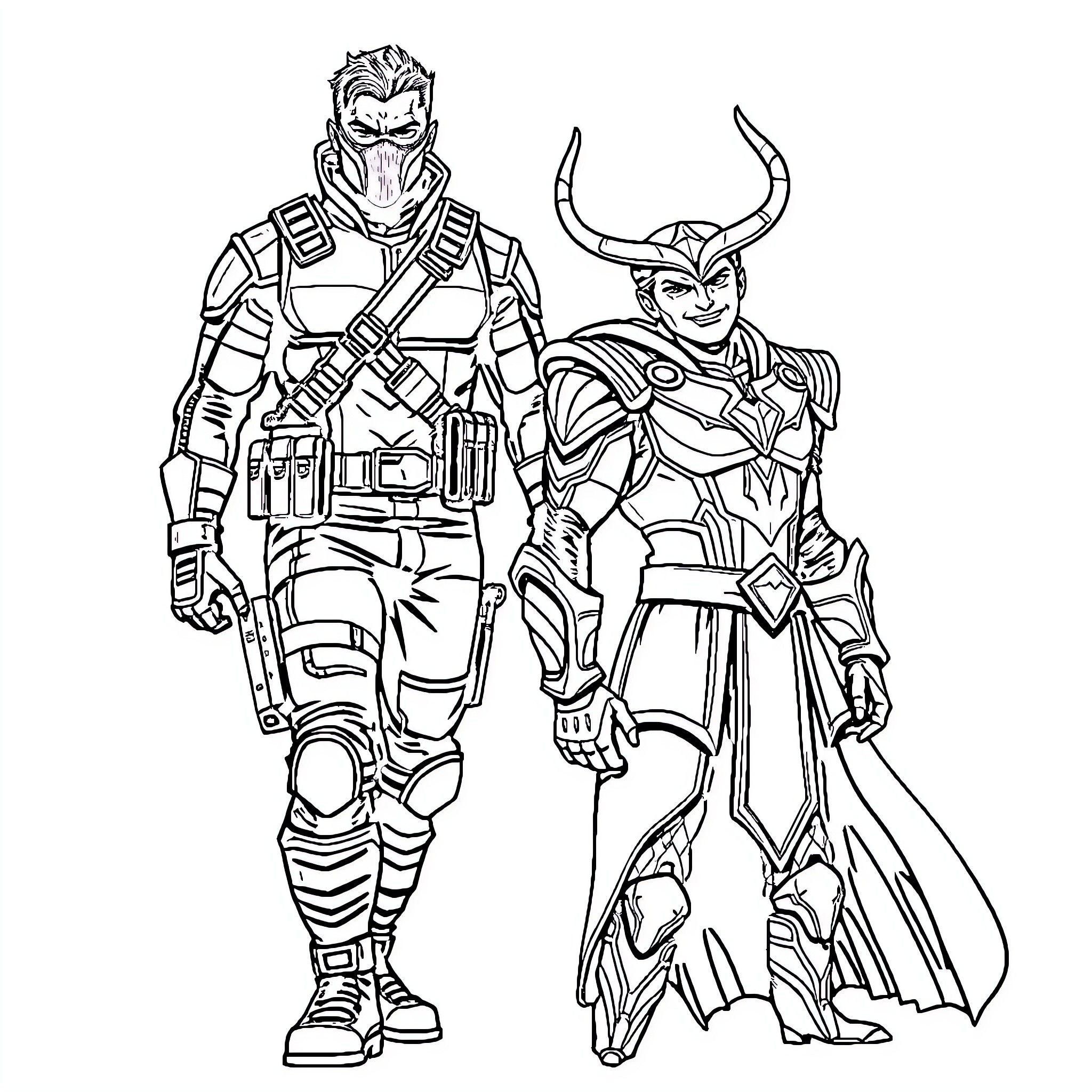 Winter Soldier and Armored Ally in Battle Poses Coloring Page (free black-and-white line drawing printable PDF for all, from beginners to advanced learners, including children, teens, adults, and seniors)