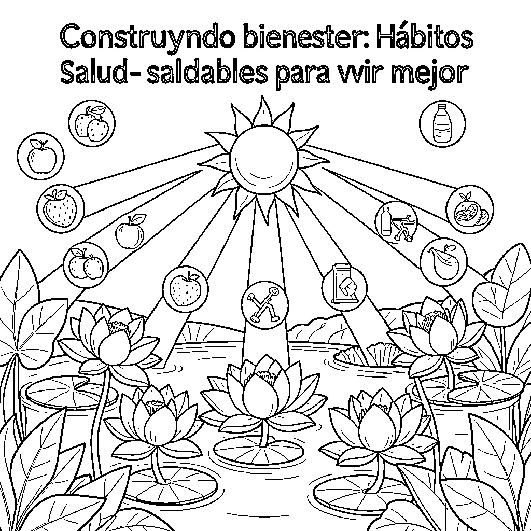 Sun shines on healthy habits for well-being Coloring Page (free black-and-white line drawing printable PDF for all, from beginners to advanced learners, including children, teens, adults, and seniors)
