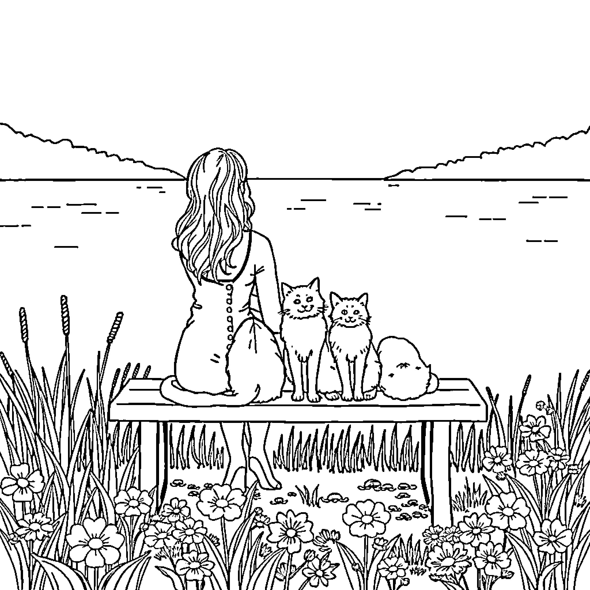 Lady Admiring Nature and Pets in Garden Coloring Page (free black-and-white line drawing printable PDF for all, from beginners to advanced learners, including children, teens, adults, and seniors)