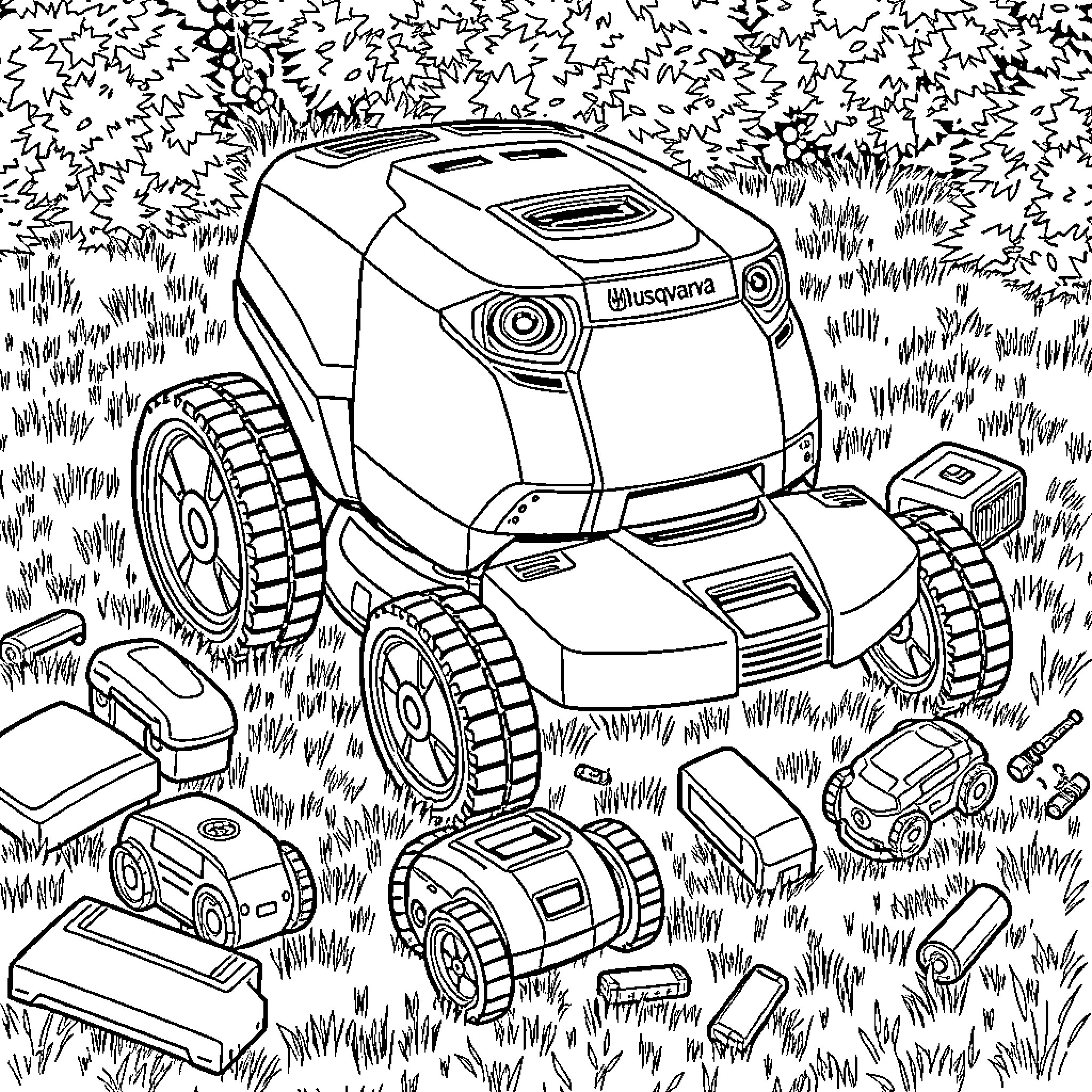 Robot Lawn Mower Navigating Outdoor Environment Coloring Page (free black-and-white line drawing printable PDF for all, from beginners to advanced learners, including children, teens, adults, and seniors)