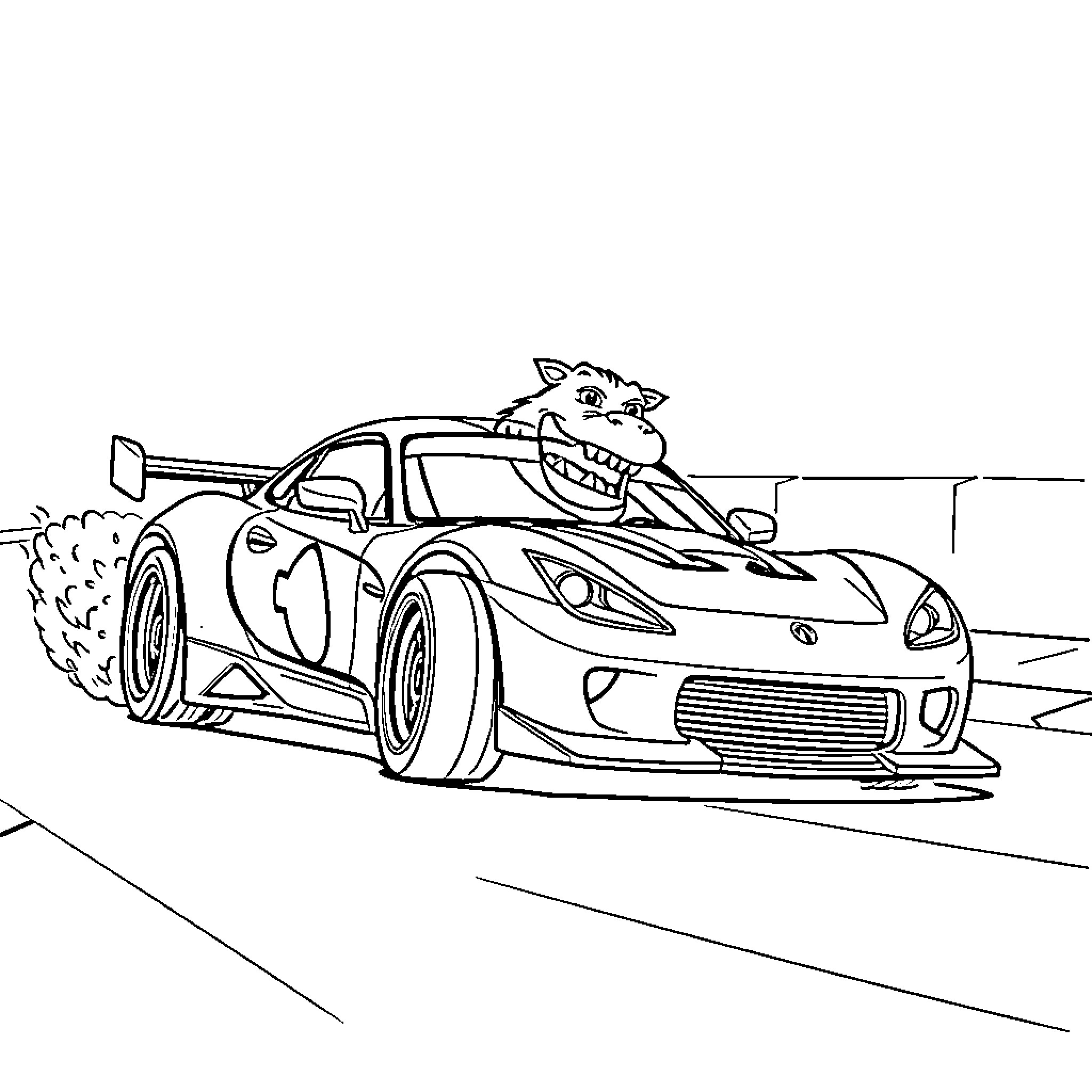 Car with Cartoon Animal Driving Coloring Page (free black-and-white line drawing printable PDF for all, from beginners to advanced learners, including children, teens, adults, and seniors)