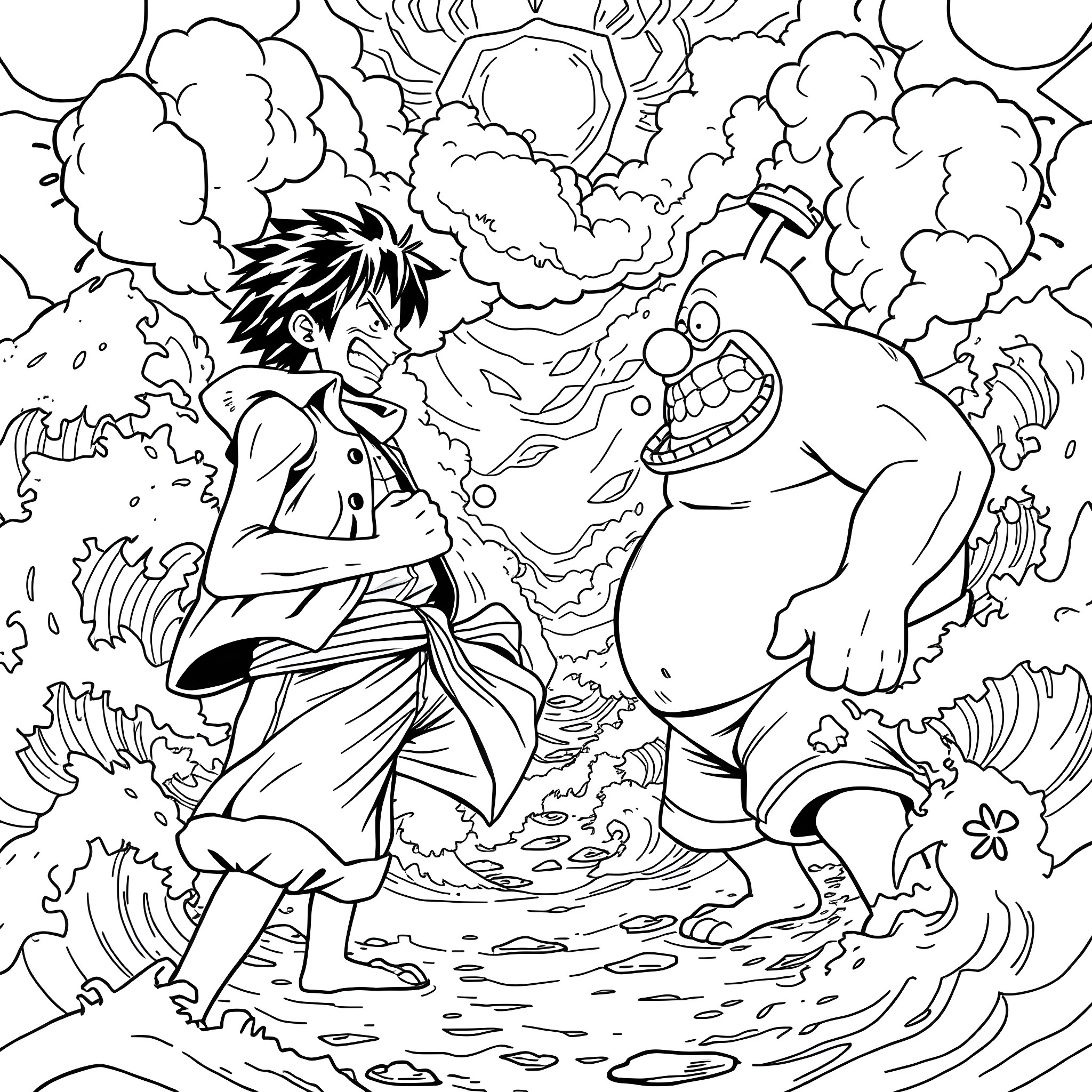 Monkey D Luffy's Intense Battle Against a Fearsome Opponent Coloring Page (free black-and-white line drawing printable PDF for all, from beginners to advanced learners, including children, teens, adults, and seniors)