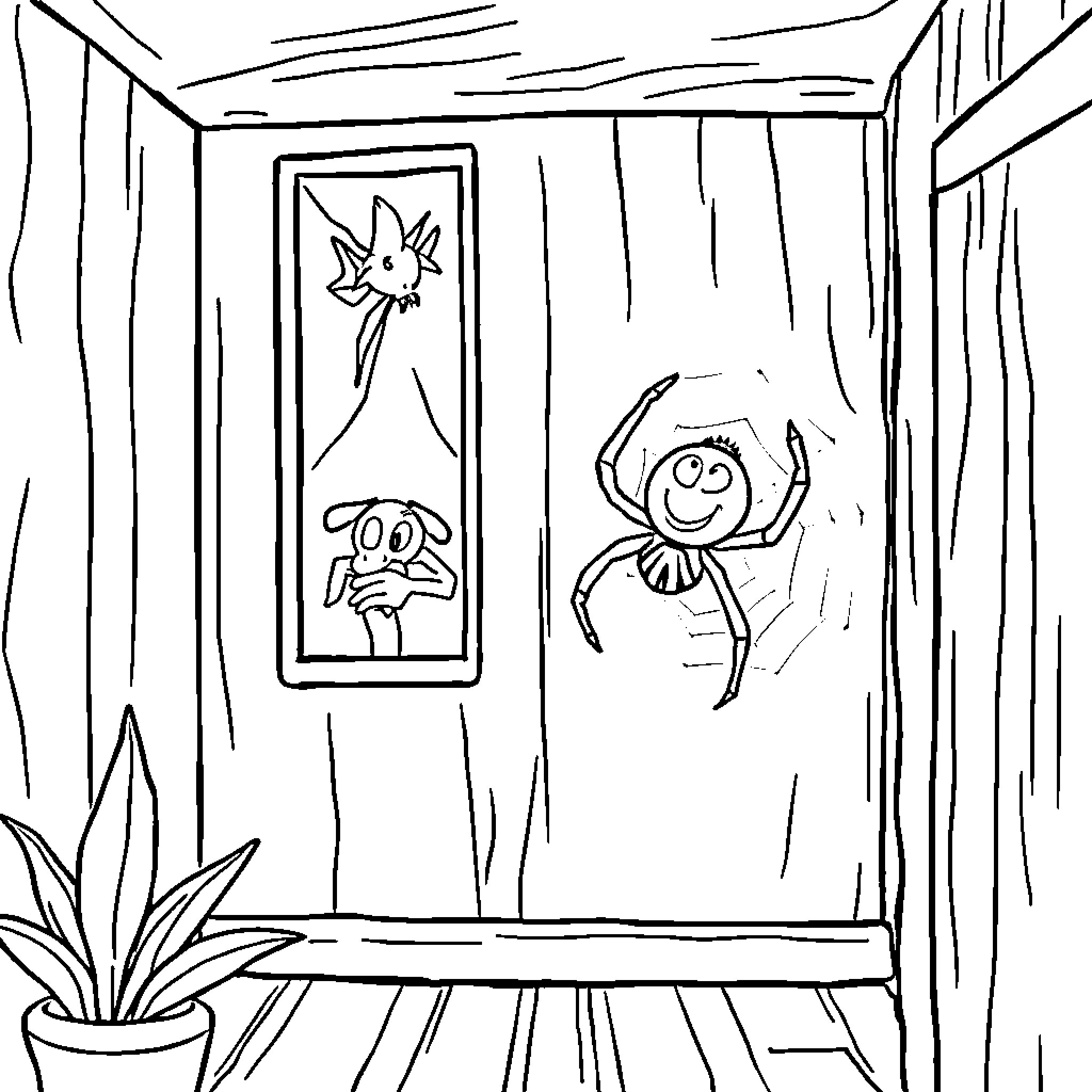 Spider characters interacting playfully in a room Coloring Page (free black-and-white line drawing printable PDF for all, from beginners to advanced learners, including children, teens, adults, and seniors)