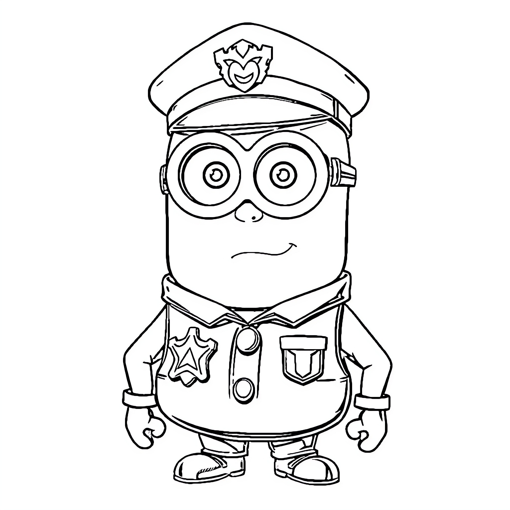 Gru dressed as a police officer with a friendly expression Coloring Page (free black-and-white line drawing printable PDF for all, from beginners to advanced learners, including children, teens, adults, and seniors)