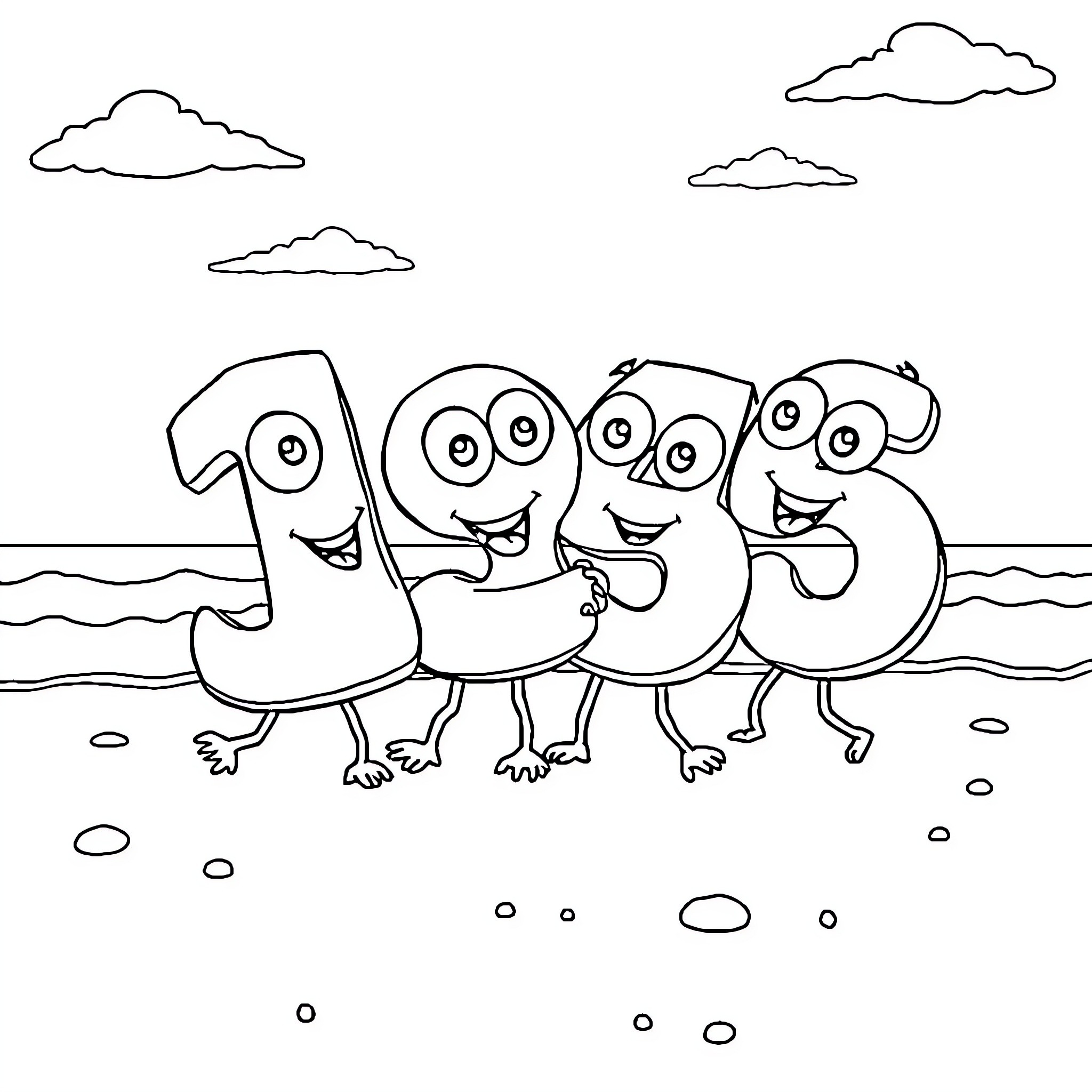 Number Five Monsters Walking on Beach Coloring Page (free black-and-white line drawing printable PDF for all, from beginners to advanced learners, including children, teens, adults, and seniors)