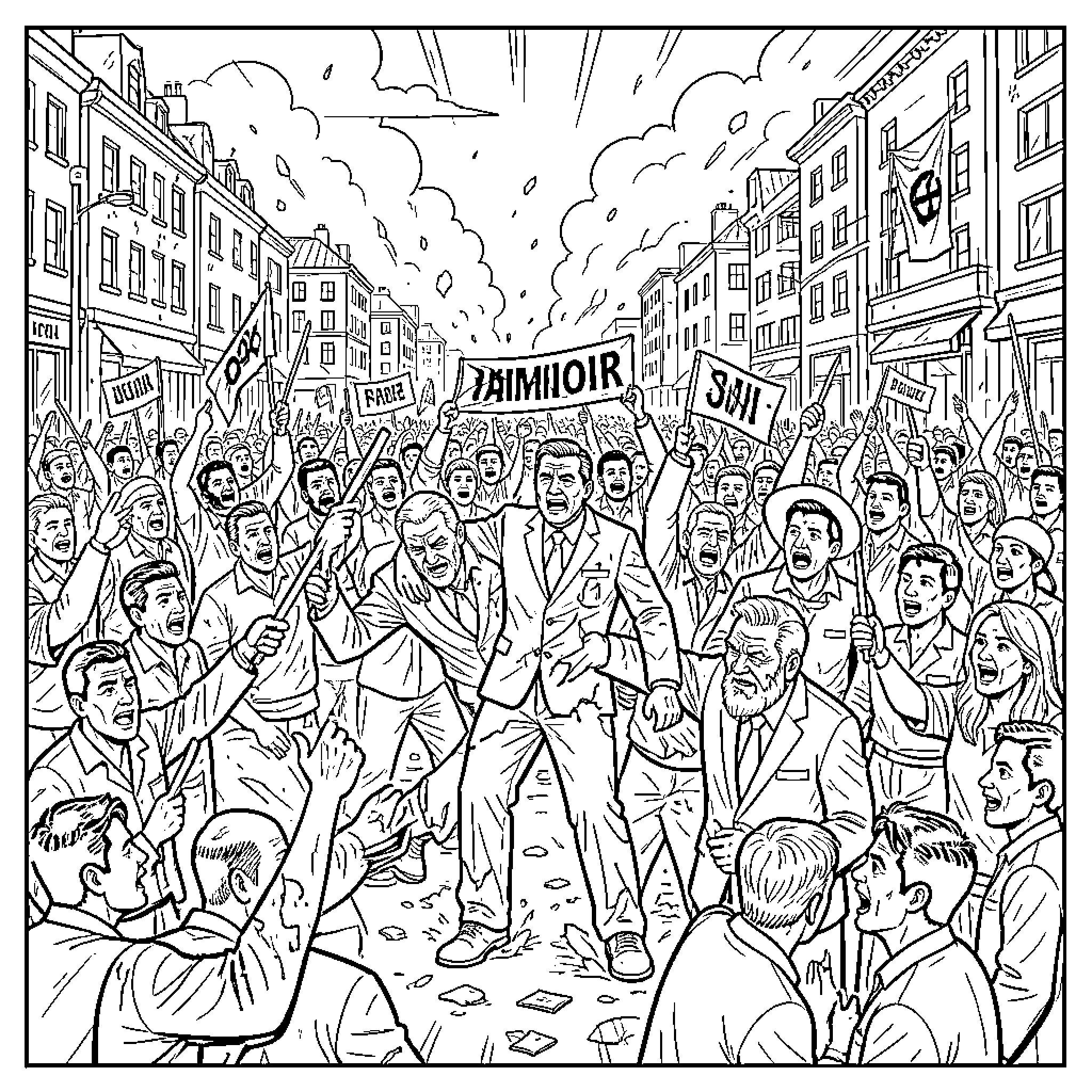 State of a large crowd shouting and gesturing wildly Coloring Page (free black-and-white line drawing printable PDF for all, from beginners to advanced learners, including children, teens, adults, and seniors)