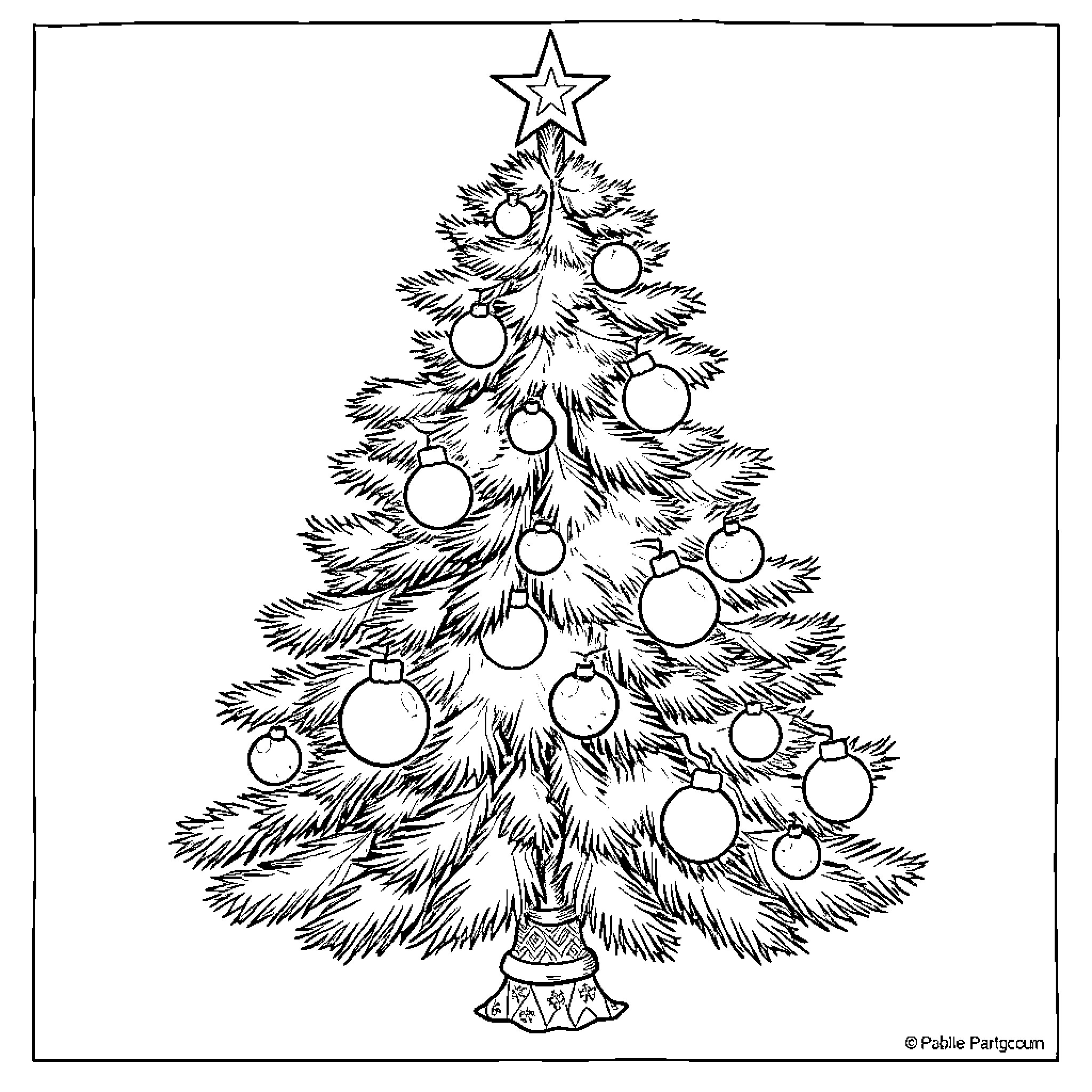 Christmas Tree with Ornaments and Star Coloring Page (free black-and-white line drawing printable PDF for all, from beginners to advanced learners, including children, teens, adults, and seniors)