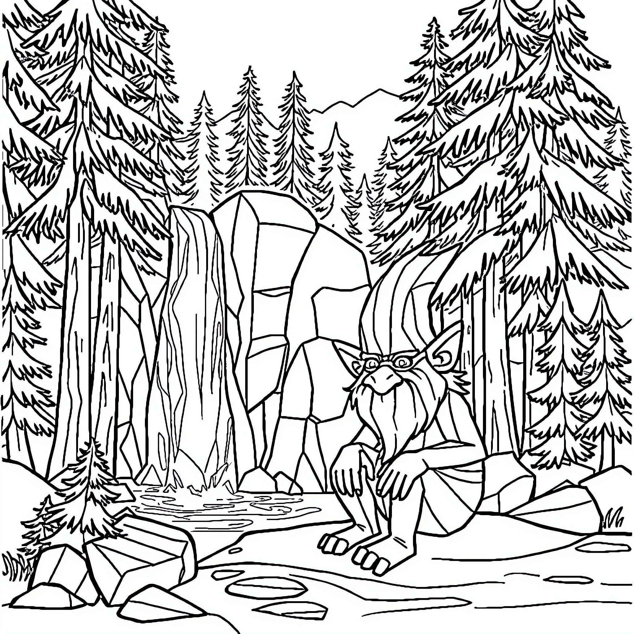 Troll lurking in the enchanted forest Coloring Page (free black-and-white line drawing printable PDF for all, from beginners to advanced learners, including children, teens, adults, and seniors)