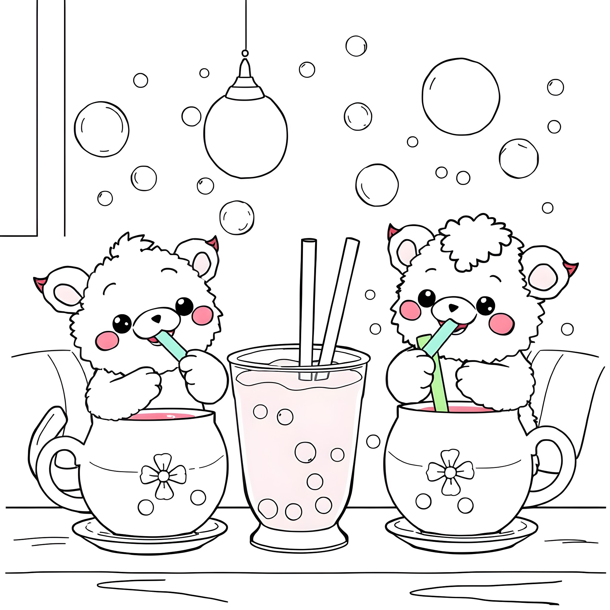 Monster Teddy Bears Enjoying Drinks Coloring Page (free black-and-white line drawing printable PDF for all, from beginners to advanced learners, including children, teens, adults, and seniors)