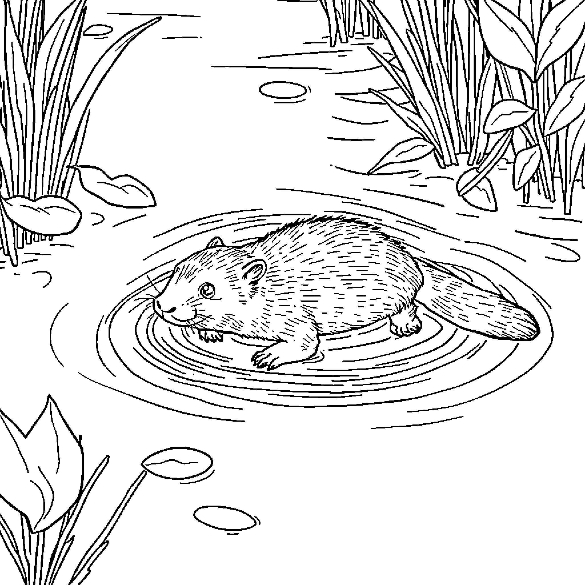 Nutria swimming in the pond Coloring Page (free black-and-white line drawing printable PDF for all, from beginners to advanced learners, including children, teens, adults, and seniors)