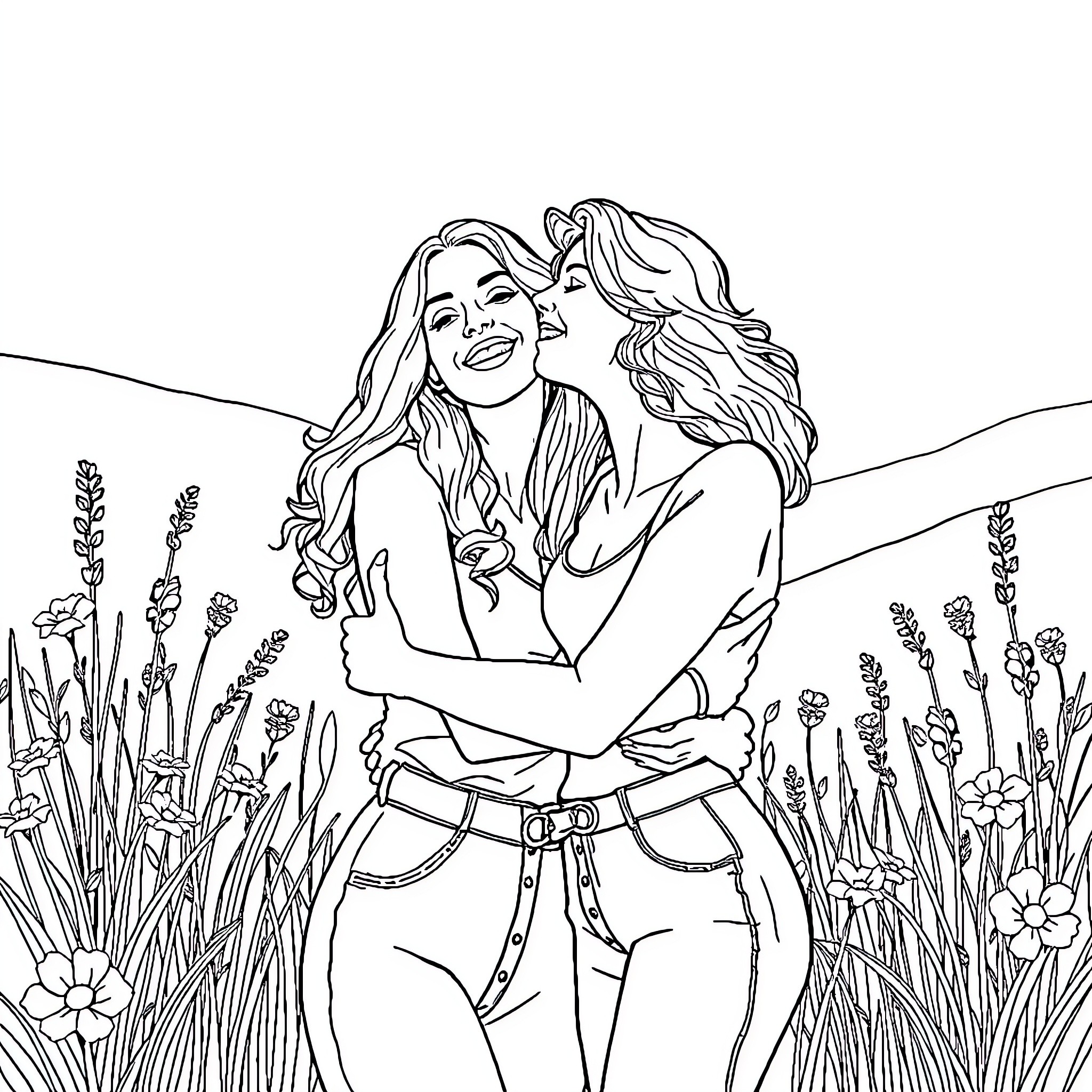 Lesbian couple embracing with joy in floral field Coloring Page (free black-and-white line drawing printable PDF for all, from beginners to advanced learners, including children, teens, adults, and seniors)
