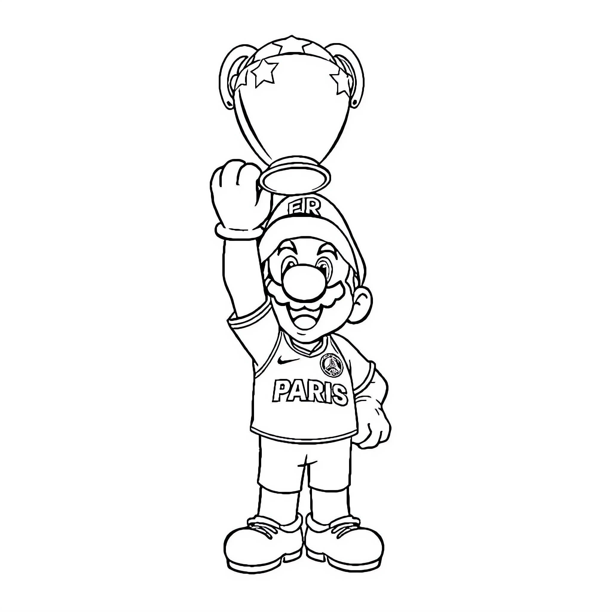 Super Mario Celebrating Victory with Trophy Coloring Page (free black-and-white line drawing printable PDF for all, from beginners to advanced learners, including children, teens, adults, and seniors)