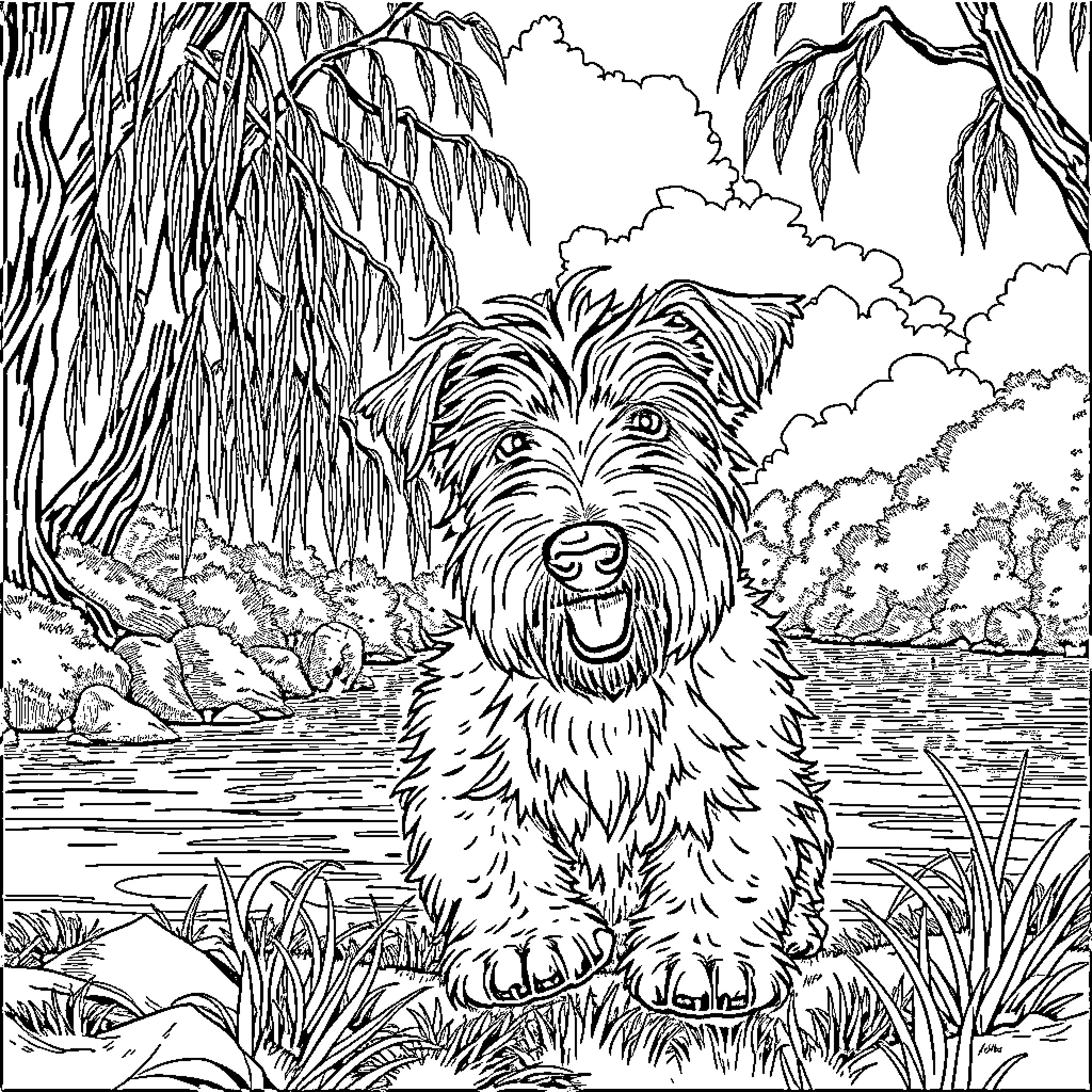 Bedlington Terrier enjoying a serene forest scene Coloring Page (free black-and-white line drawing printable PDF for all, from beginners to advanced learners, including children, teens, adults, and seniors)